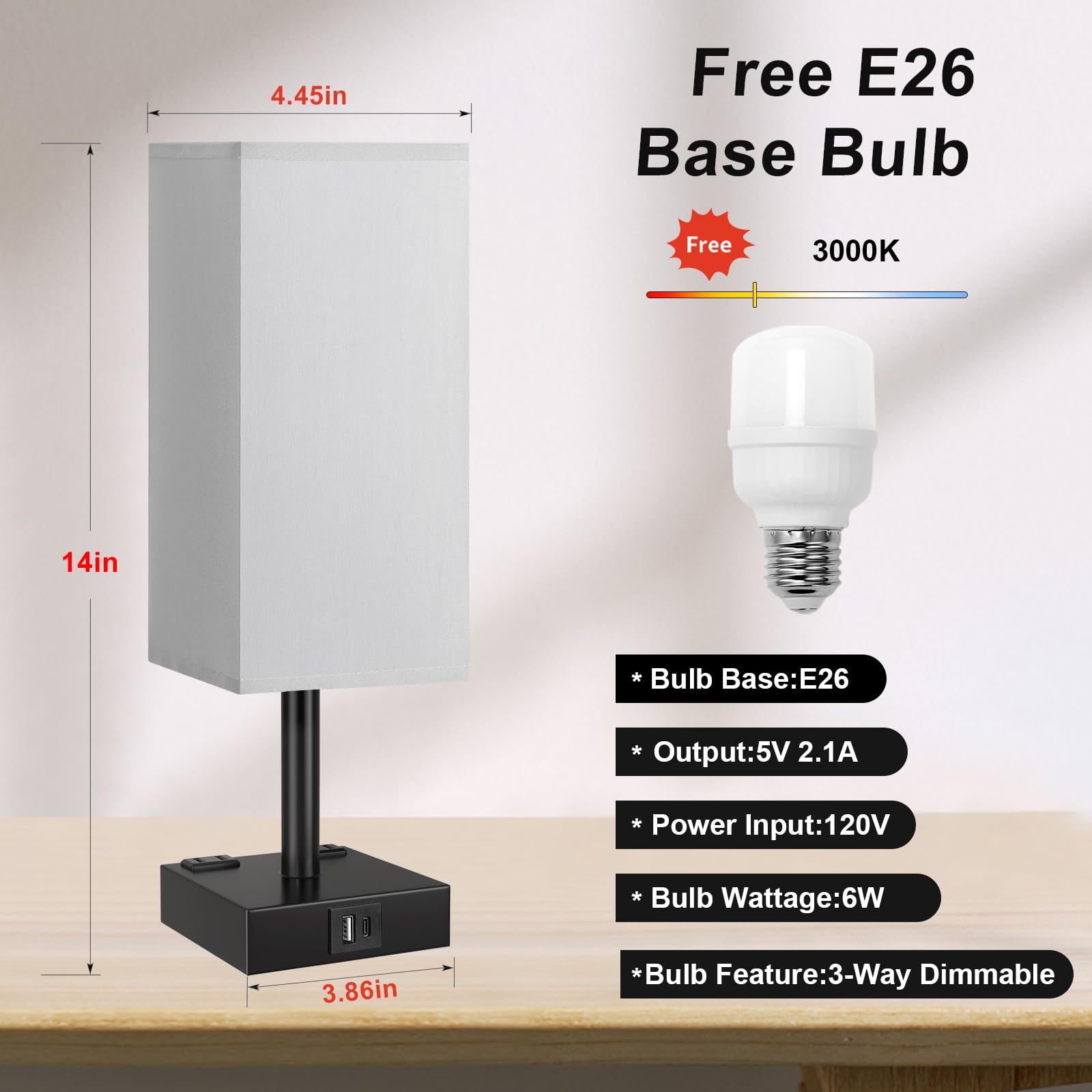 Touch Bedside Table Lamp For Nightstand - 3-Way Dimmable Night Lamp With Usb A + Type C Charging Ports And Two Ac Outlets, Small
