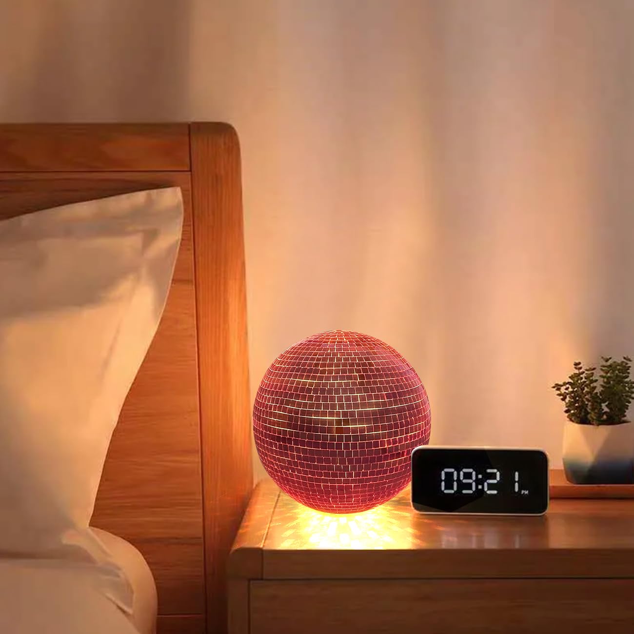 IJG Pink Disco Ball - 6 Inch Reflective Plastic Home Art Decoration, Warm Light, Bar Ornament