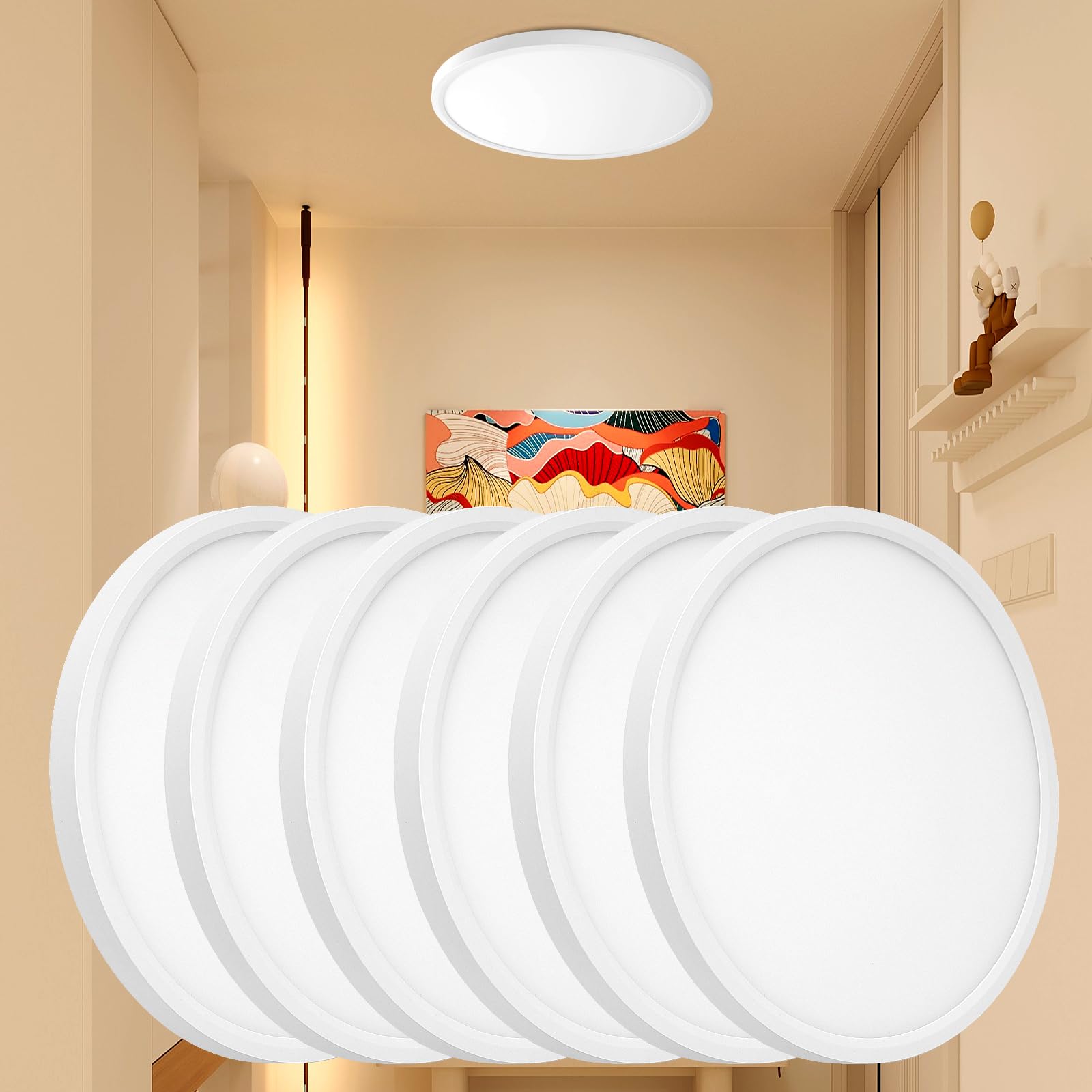 Wembanma 6Pk 12 Inch Led Flush Mount Ceiling Light - 0.67In Thickness Round, 24W 5Cct In One 2700K/3000K/3500K/4000K/5000K Surfa