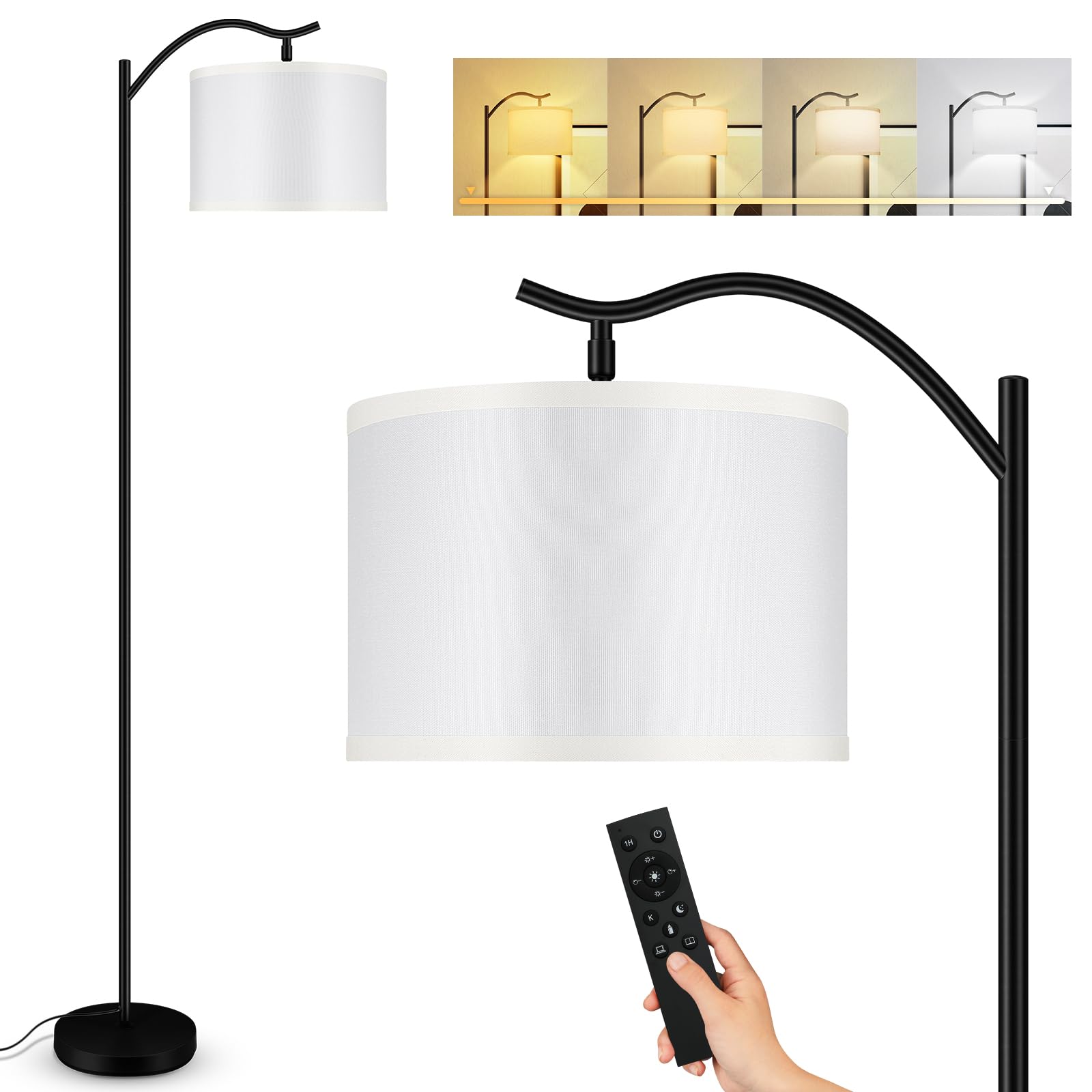 BoostArea Arc Floor Lamp with Remote Control, Stepless Dimmable 2700k-6500k, Modern Metal Standing Lamp, White, Model B1367