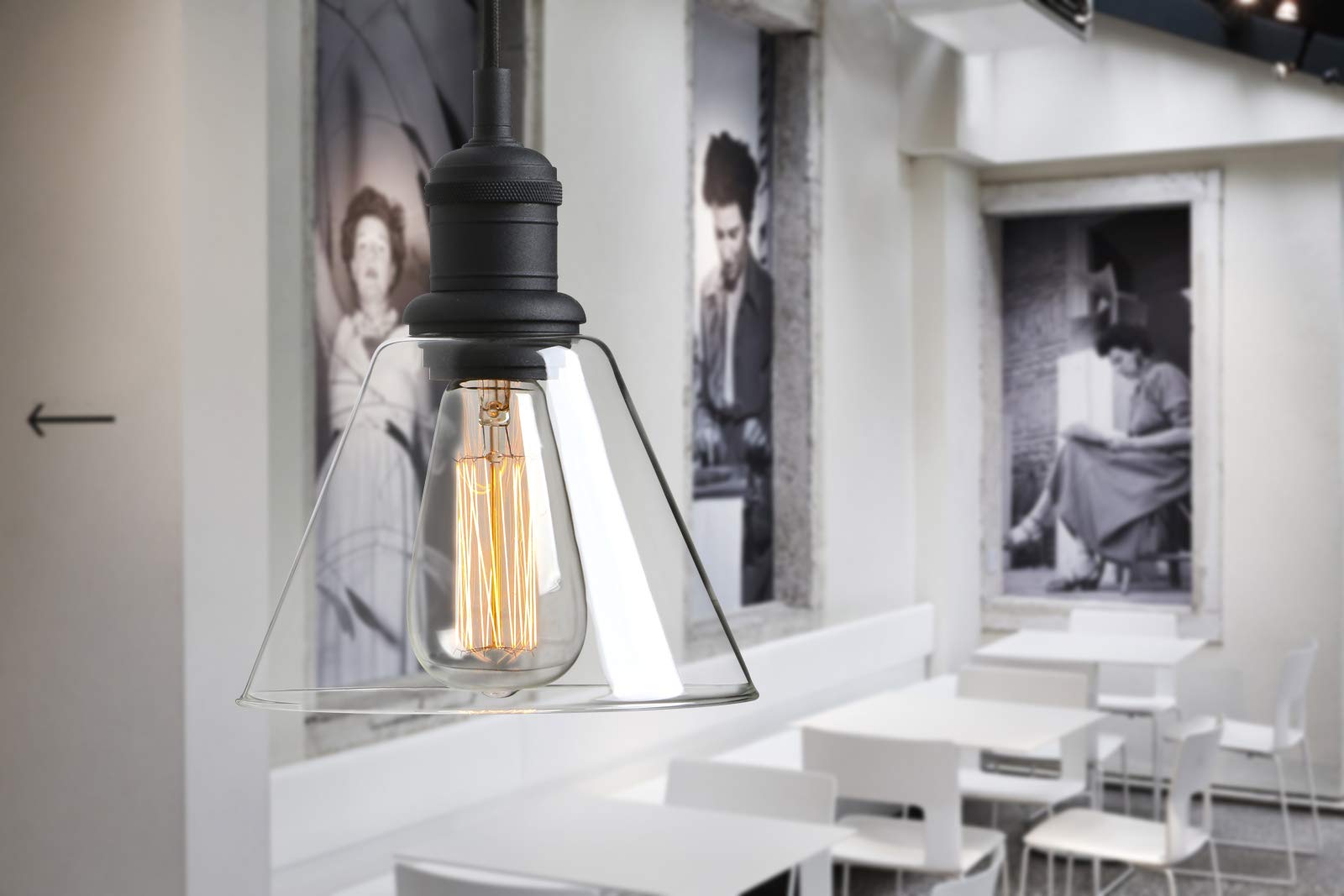 Yosoan 1-Light Vintage Edison Hanging Pendant Light, Mini Semi Flush Mount Light Fixture Funnel Flared Clear Glass Shade For Kitchen Bathroom Porch Living Room Dinning Room Hotels Bar Island(Black)