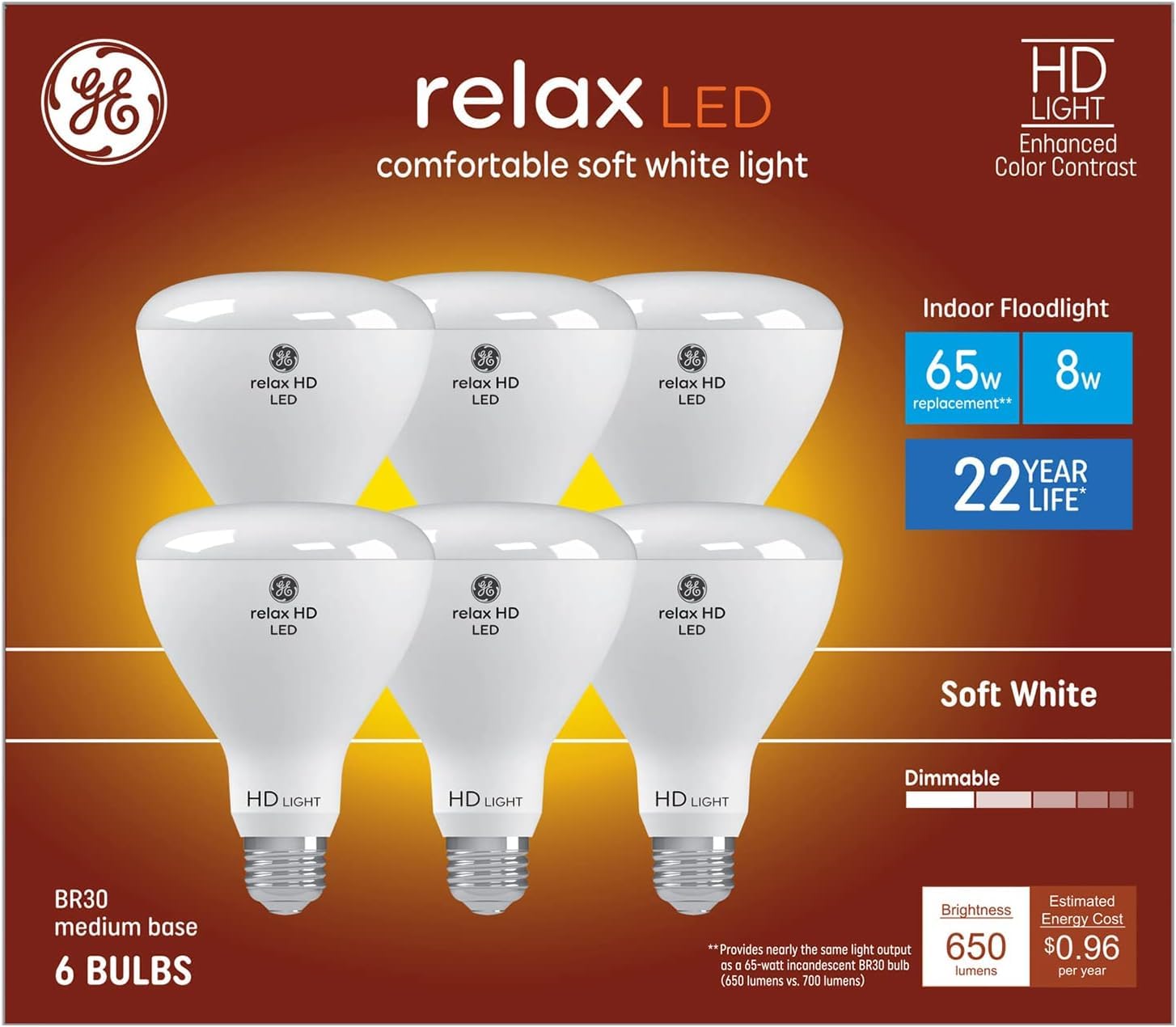 Ge Relax 6-Pack 65 W Equivalent Dimmable Soft White Br30 Led Light Fixture Light Bulb