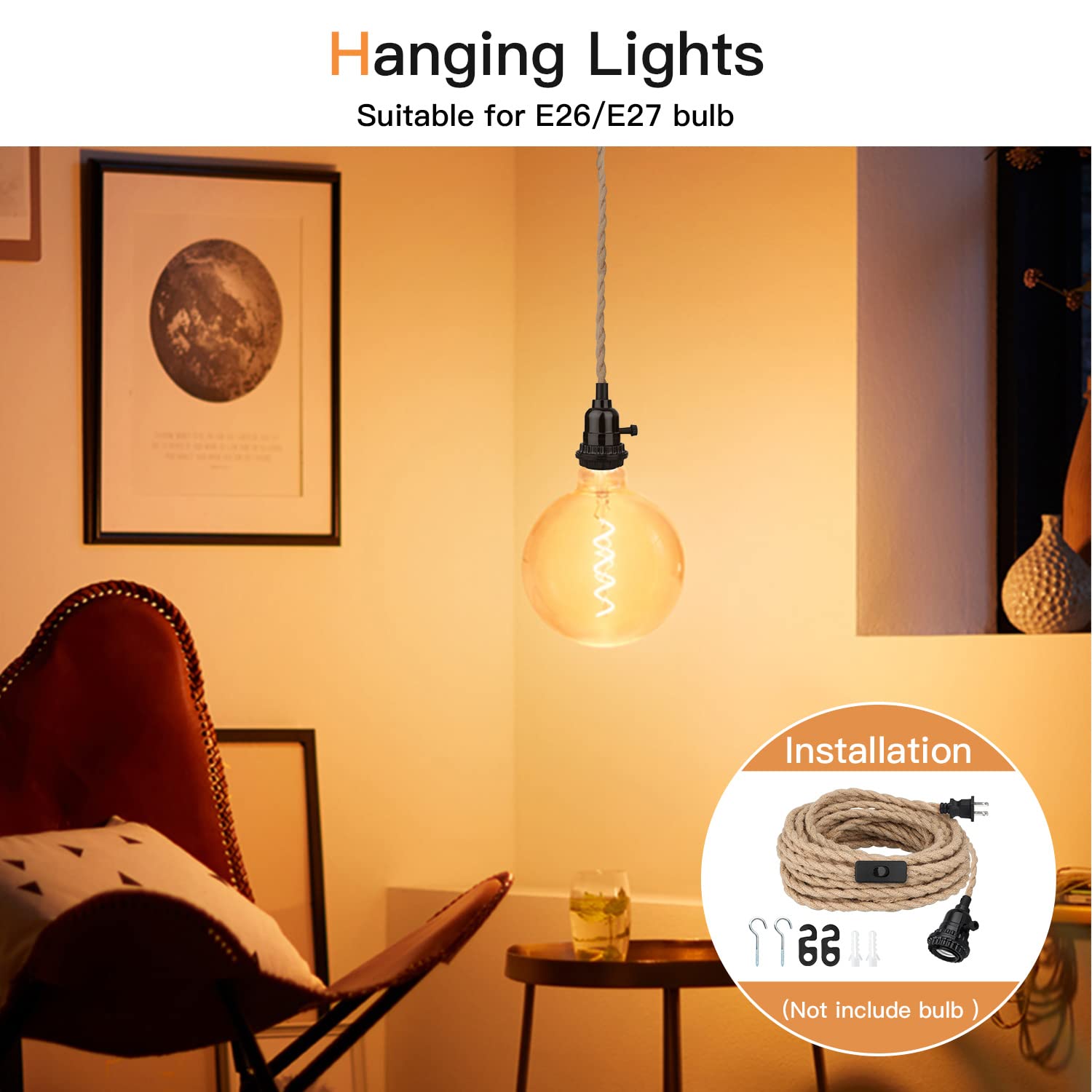 Zevnico Pendant Light Kit E26, 16.5FT Twisted Hemp Rope Hanging Light with Plug-in Cord & Switch, Vintage Farmhouse Industrial Decor