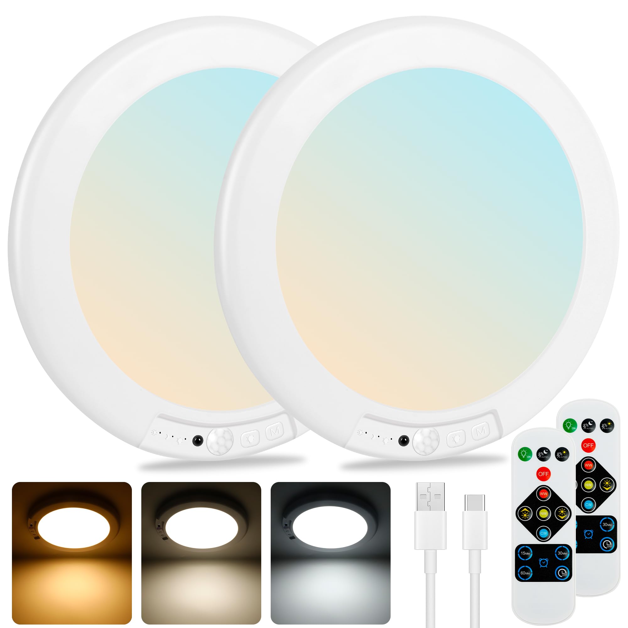 Maylit 2 Pack Rechargeable Ceiling Lights, Motion Sensor Lights No Wiring, Wireless Closet Lights Battery Operated, For Bathroom