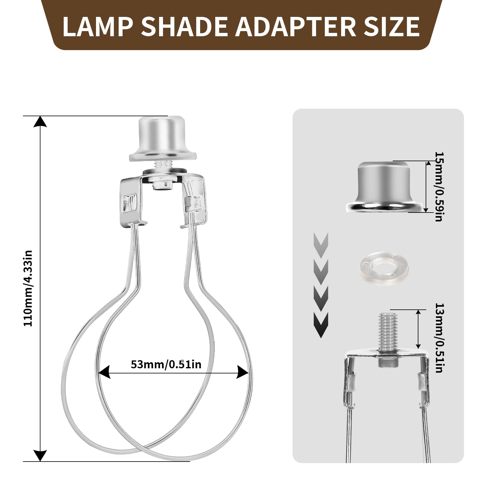 ALUCSET 2 Pack Round Lamp Shade Light Bulb Clip Adapter, Silver, Clip-on with Finial Top Bracket Holder