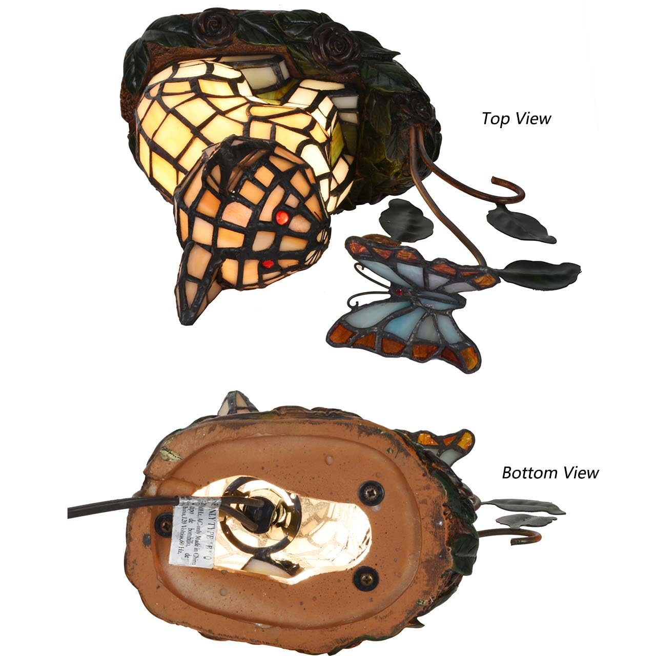 Bieye L10891 Tiffany-Style Stained Glass Cat Accent Table Lamp - Adorable Orange Cat Watching A Butterfly - 10-Inch Tall