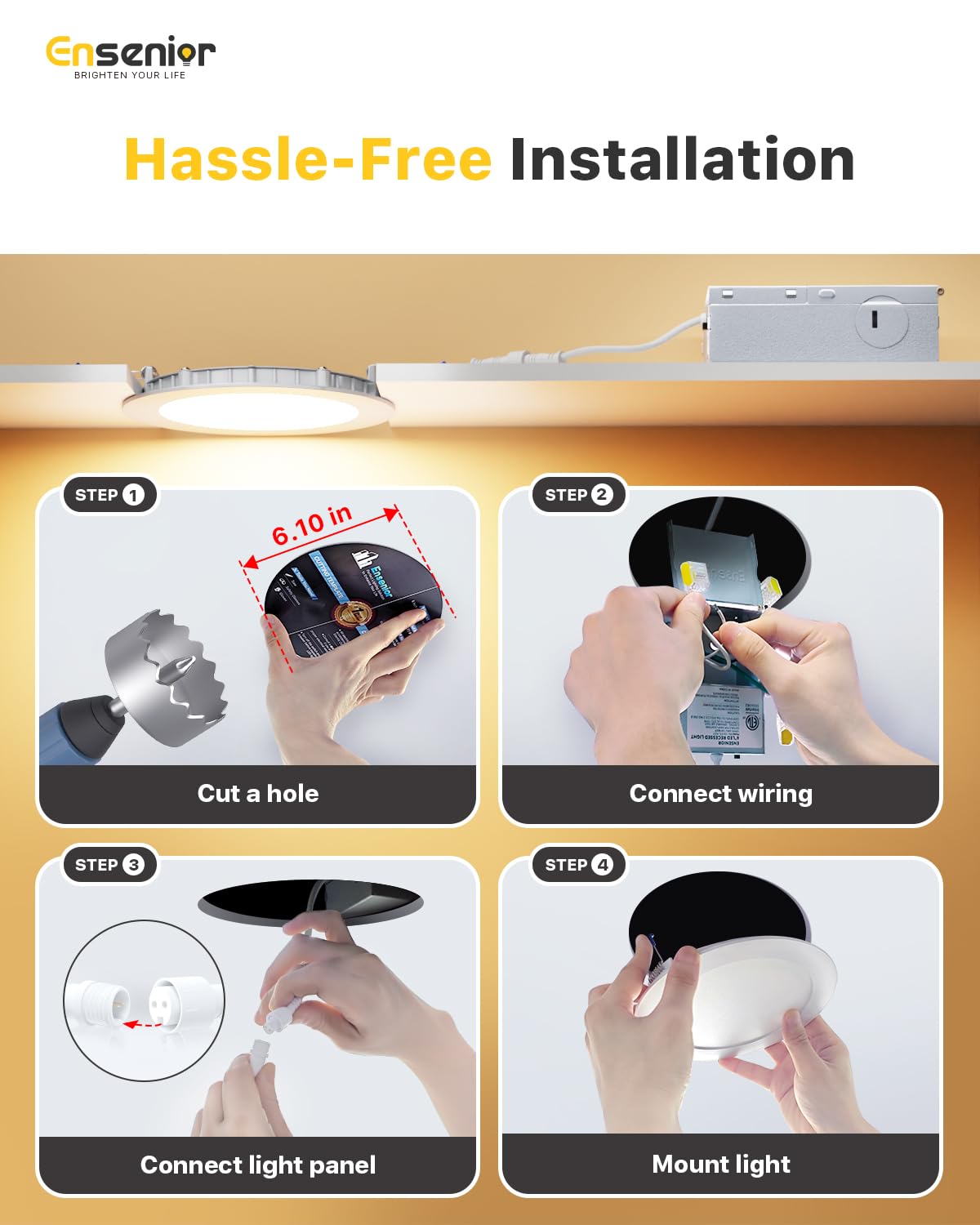 Ensenior 12 Pack 6 Inch Led Recessed Ceiling Light, Dimmable, 6000K Clear White, 1050Lm 12W 120V, High Brightness Canless Wafer Downlight - Etl&Fcc&Ic