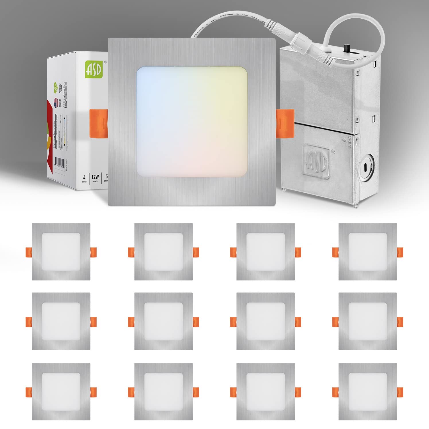 ASD LED Square Recessed Lighting 12W, 4 Inch, Dimmable, 5 CCT 2700K-5000K, Ultra Thin, Brushed Nickel, Model