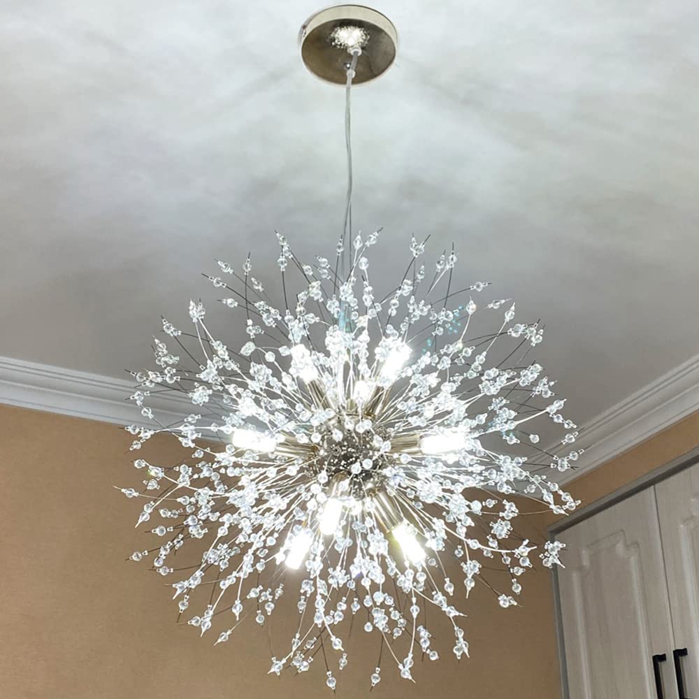 Mivenda Modern Crystal Chandeliers 9-Light Chrome Dandelion Light Fixture,Firework Chandelier,Personalized Ceiling Hanging Light