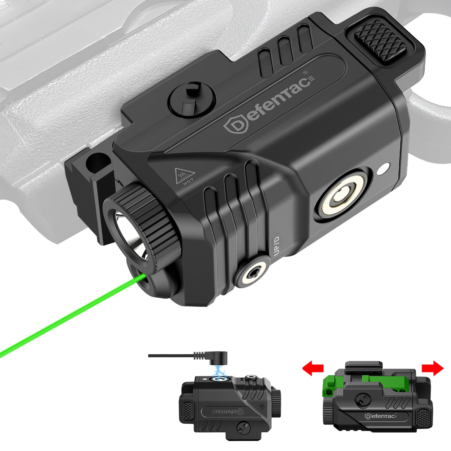 DEFENTAC DF-1061 Magnetic Charging Handheld Toy Light with Green Beams for Launchers  450 Lumens Tactical Flashlight White LED and Green Beam Combo with Sliding Rail