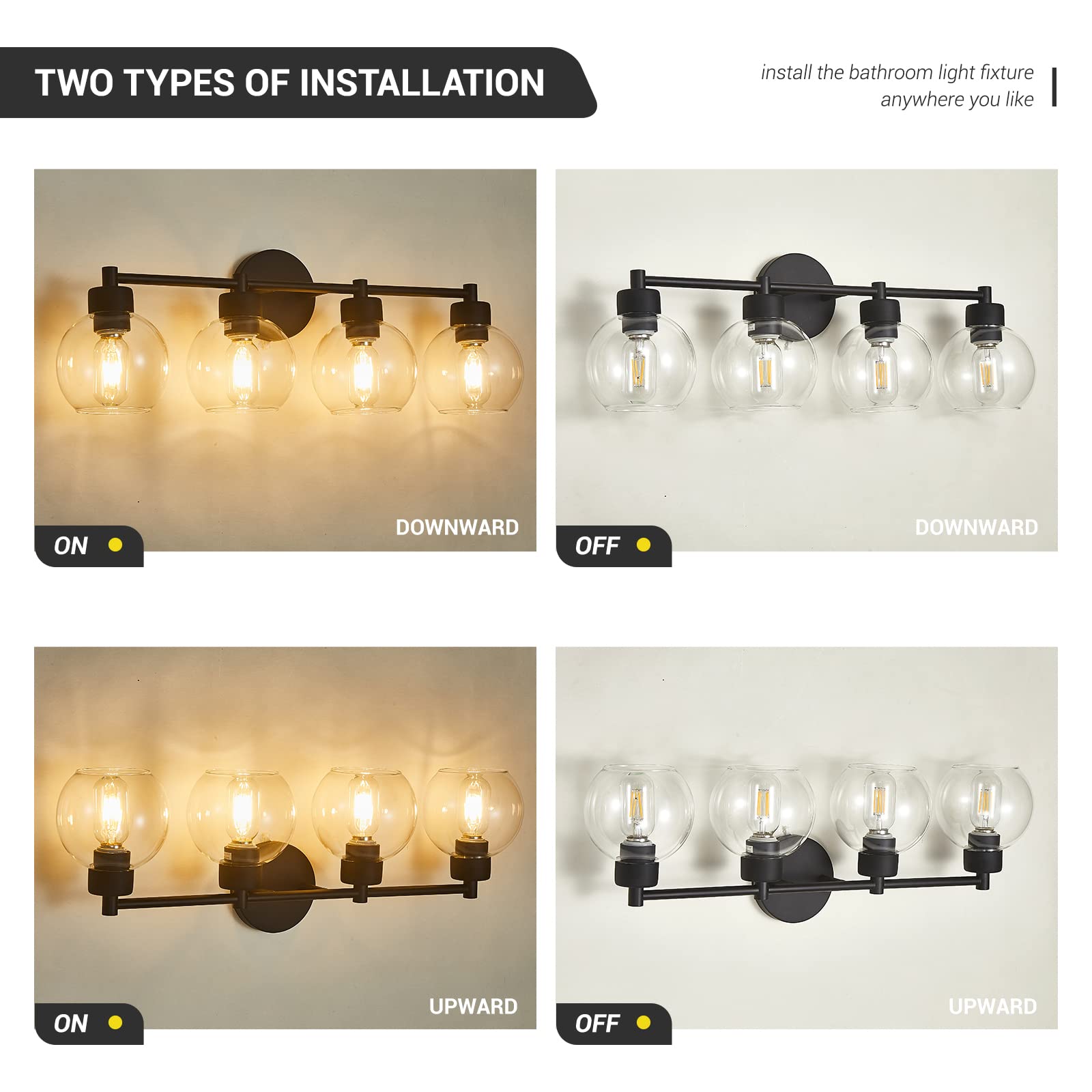 Diniluse Bathroom Light Fixtures 4 Lights Vanity Light With Black Round Finish, Bathroom Vanity Lights With Clear Globe Glass, Matted Black Wall Sconce For Mirror, Bedroom, Living Room, Kitchen