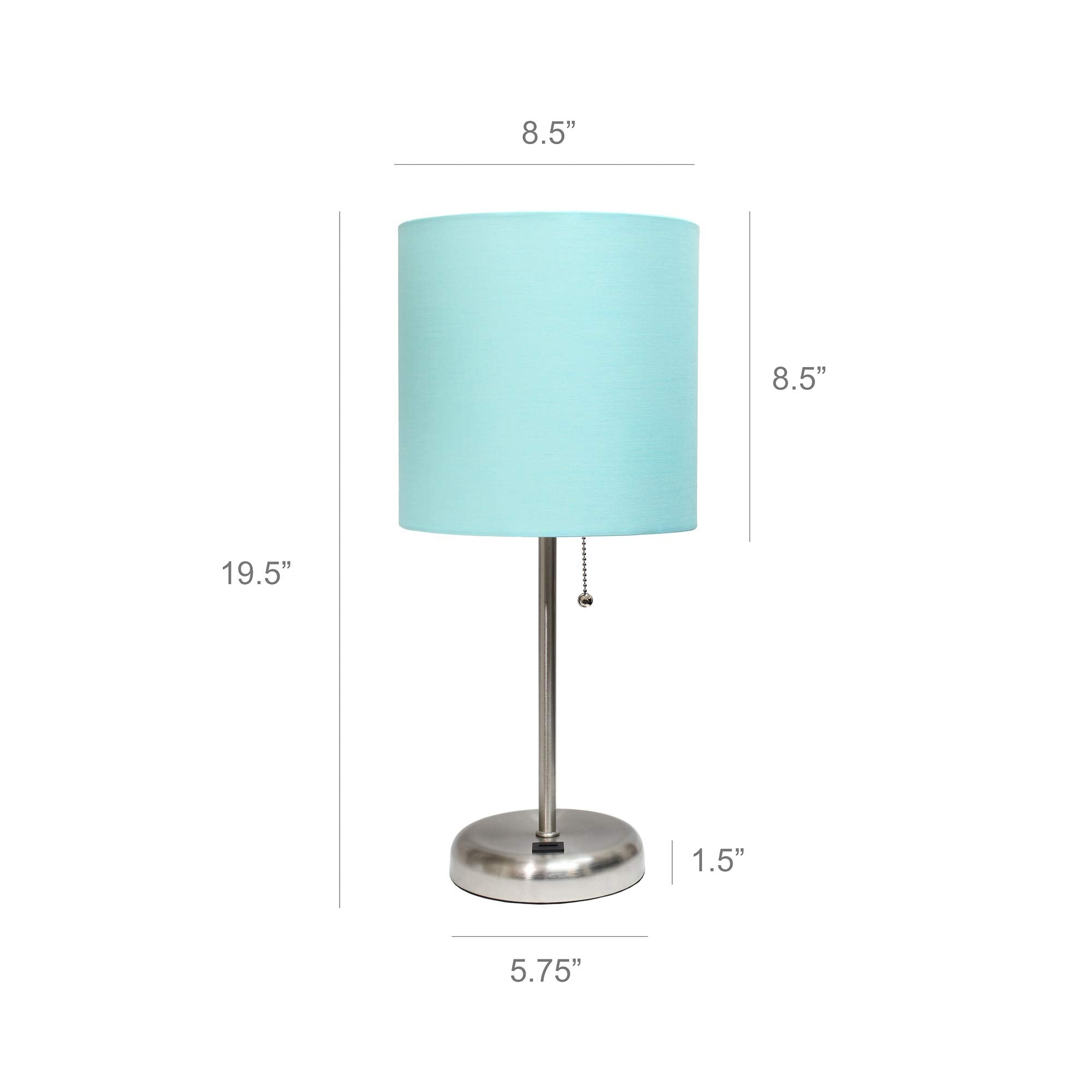 Simple Designs Lc2002-Aqu-2Pk Brushed Steel Stick Table Lamp Set With Usb Charging Port And Aqua Fabric Shades, 2 Pack Set