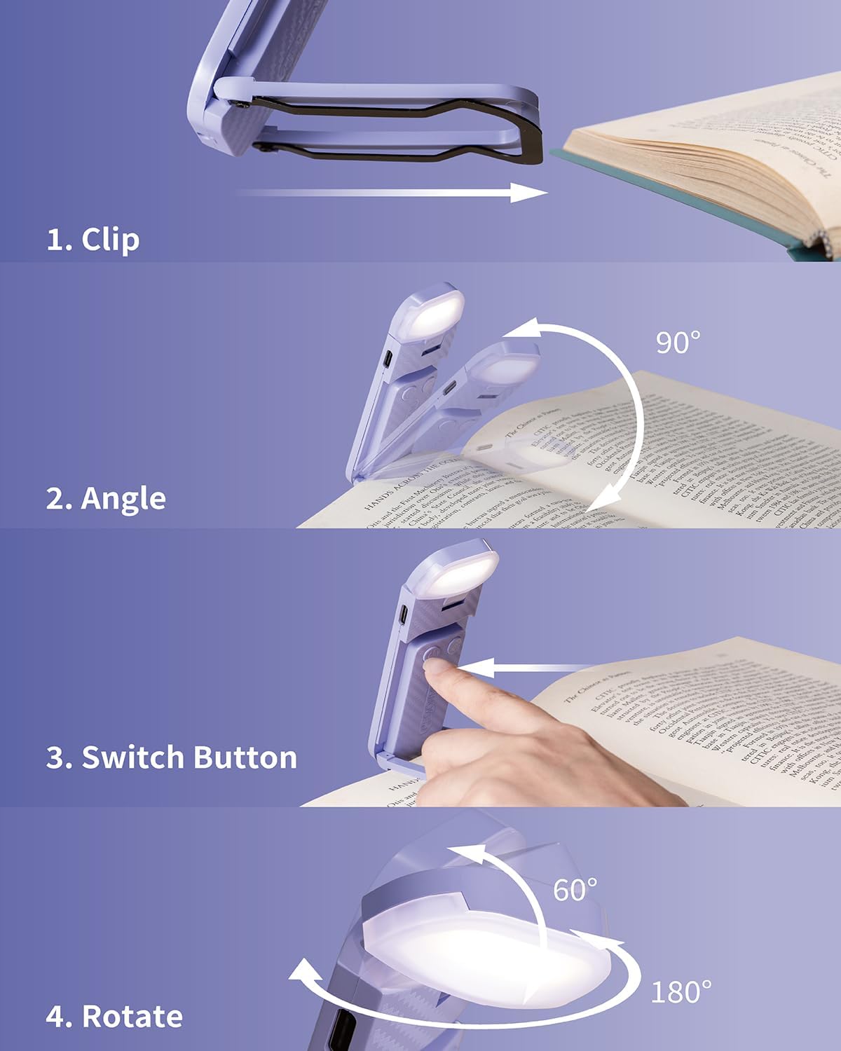 Hemonnkam Clip-On Reading Light, Rechargeable, Abs & Pc, Romantic Purple, Model Book Light-003