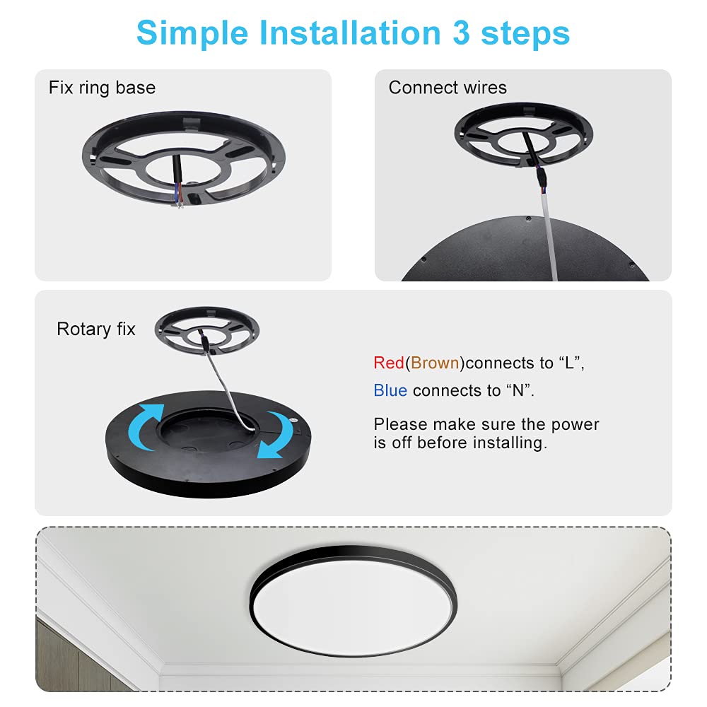 Ledlightsworld 12 Inch Led Ceiling Light Fixture, 24W, Daylight White 5000K, Black, Flush Mount, 3200Lm, Low Profile For Home Use