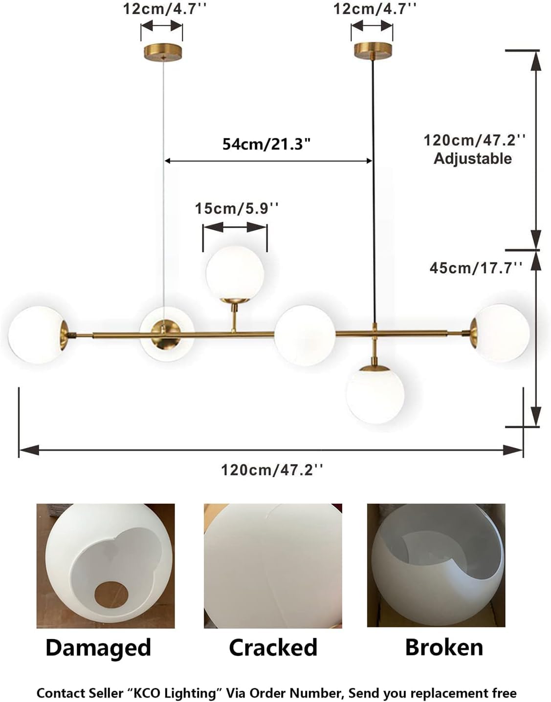 KCO 6 Light Modern Globe Chandelier - White & Gold Metal Pendant Light Fixture, Mid Century Rectangle Design, Model L1039-white