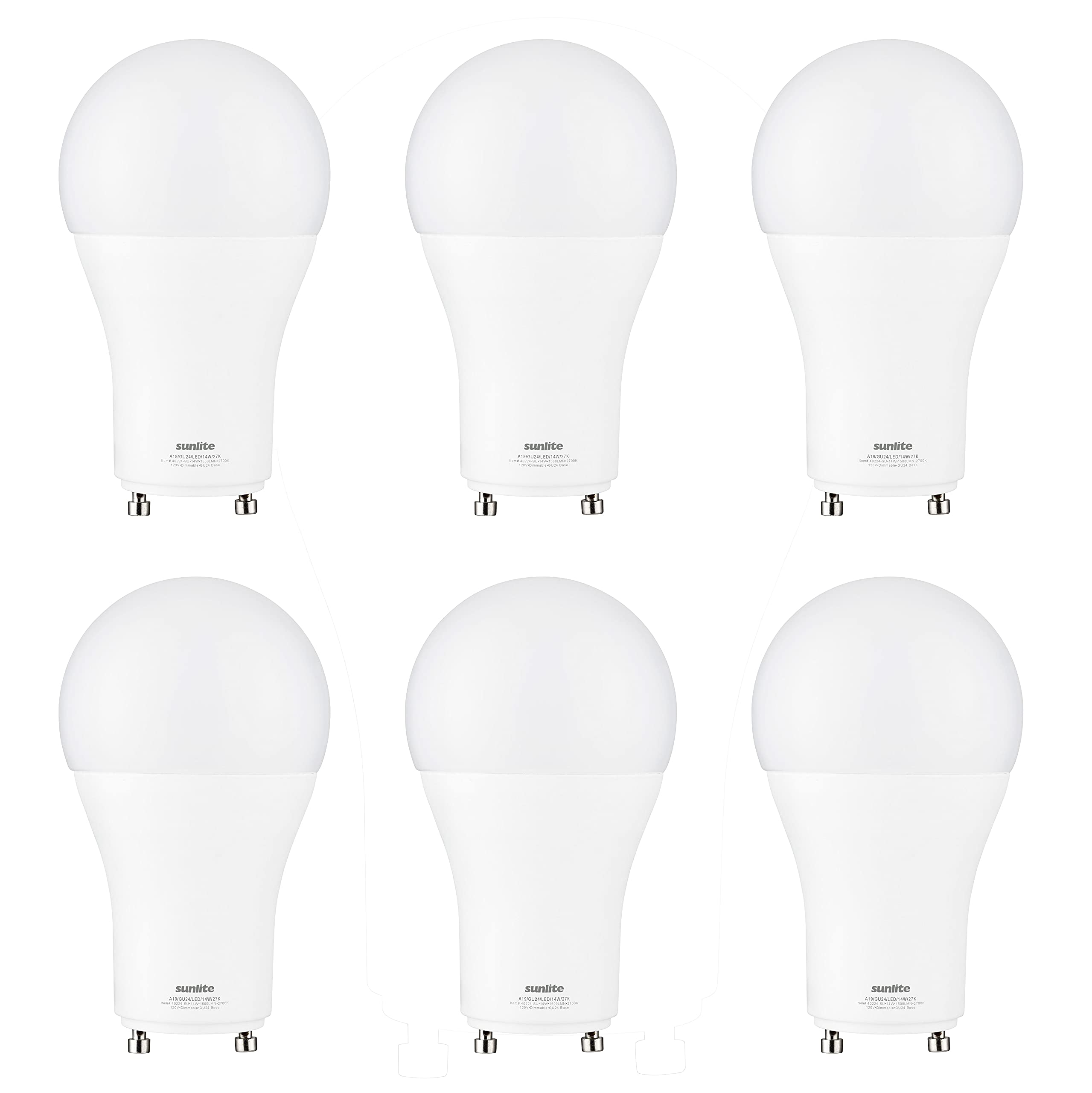 Sunlite LED A19 Light Bulb 14W (100W Equivalent) 1500 Lumens GU24 Base Dimmable 2700K Warm White 6 Pack