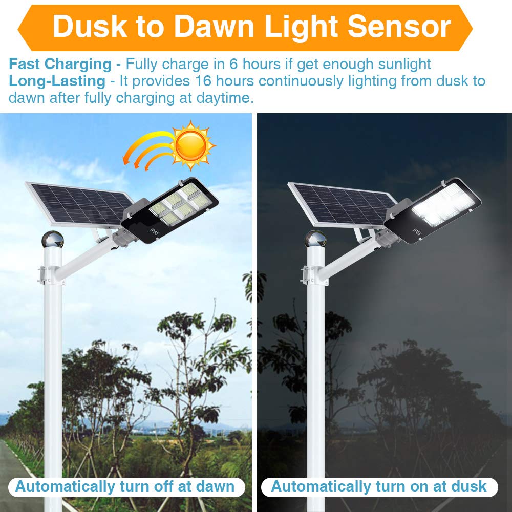 DENGMALL 24000W Solar Street Lights, 24000 Lumens, Motion Sensor, Waterproof, Black, 2 Pack, Model DMTYNLD-019
