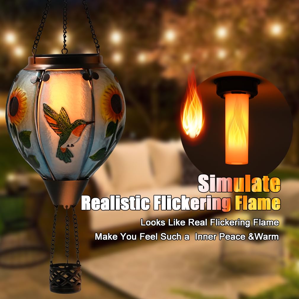 Hot Air Balloon Solar Lantern - Large Hummingbird Glass Lantern  Simulated Flickering & Dancing Flame  Outdoor Hanging Sunflower Yard Light Waterproof Ip65 For Patio Lawn Porch Decor Gift