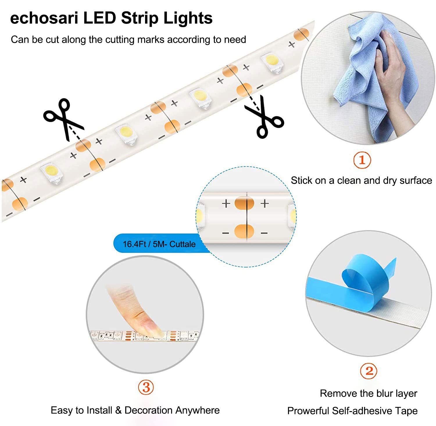 SMART DIRECT LED Strip Lights, 9.8ft, 90 LEDs, Battery Operated, Cool White, Waterproof, Flexible for Indoor/Outdoor Use