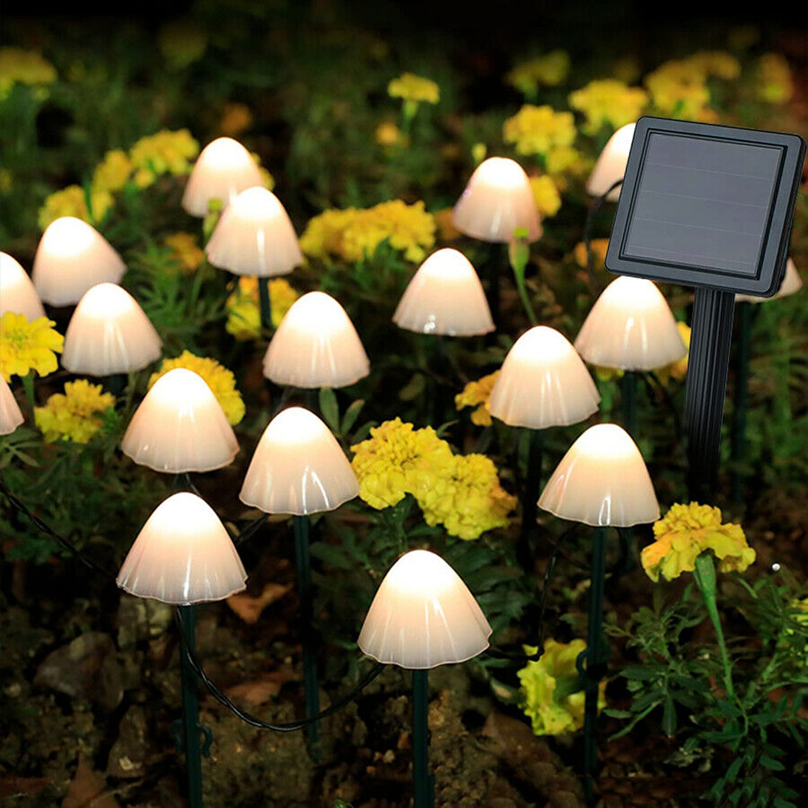 Hulppre Mushroom Solar Lights-Set Of 15Pcs 29.5Ft Fairy Solar String Light,Warm White 8 Modes Outside Solar Pathway Lights,Outdo