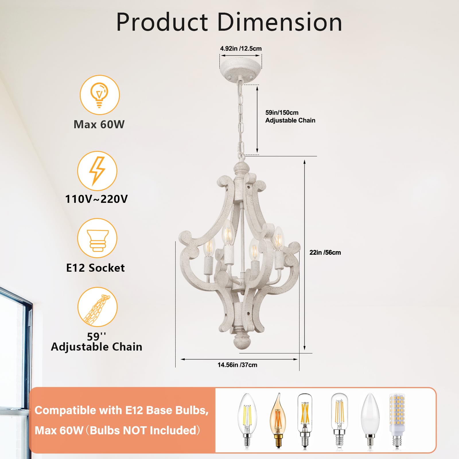 KMaiPem 4-Light French Country Chandelier, Rustic Distressed White Wood Fixture for Dining Room, Model 5030004