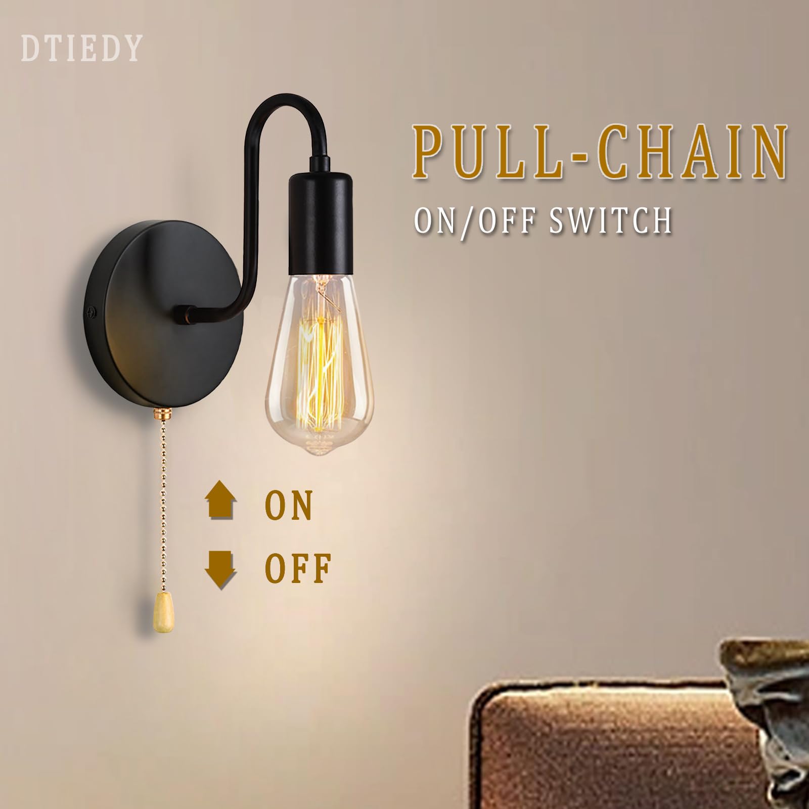 Dtiedy Pull Chain Wall Light Fixture 1-Light Wall Sconce With On Off Switch Hardwired Black Wall Sconces Indoor Vintage Industri