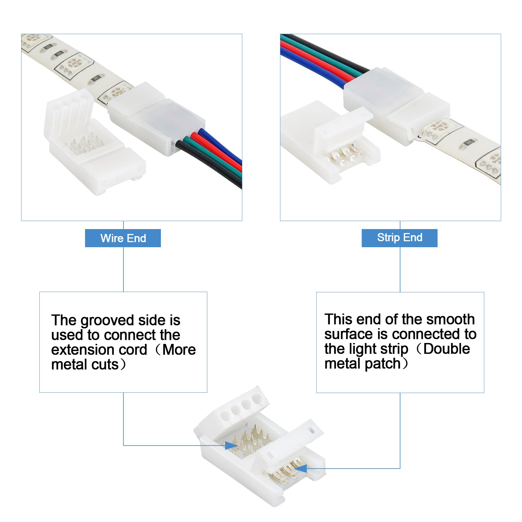 Rifachua 22 Gauge Awg 4 Pin Rgb Led Strip Extension Cable Wire Cord 16.4Ft And 12 Pcs 10Mm Rgb Led Strip Light Connectors No Wir