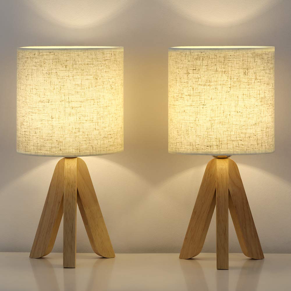 Haitral Small Wooden Tripod Table Lamps Set Of 2 With Linen Shades For Bedroom & Living Room