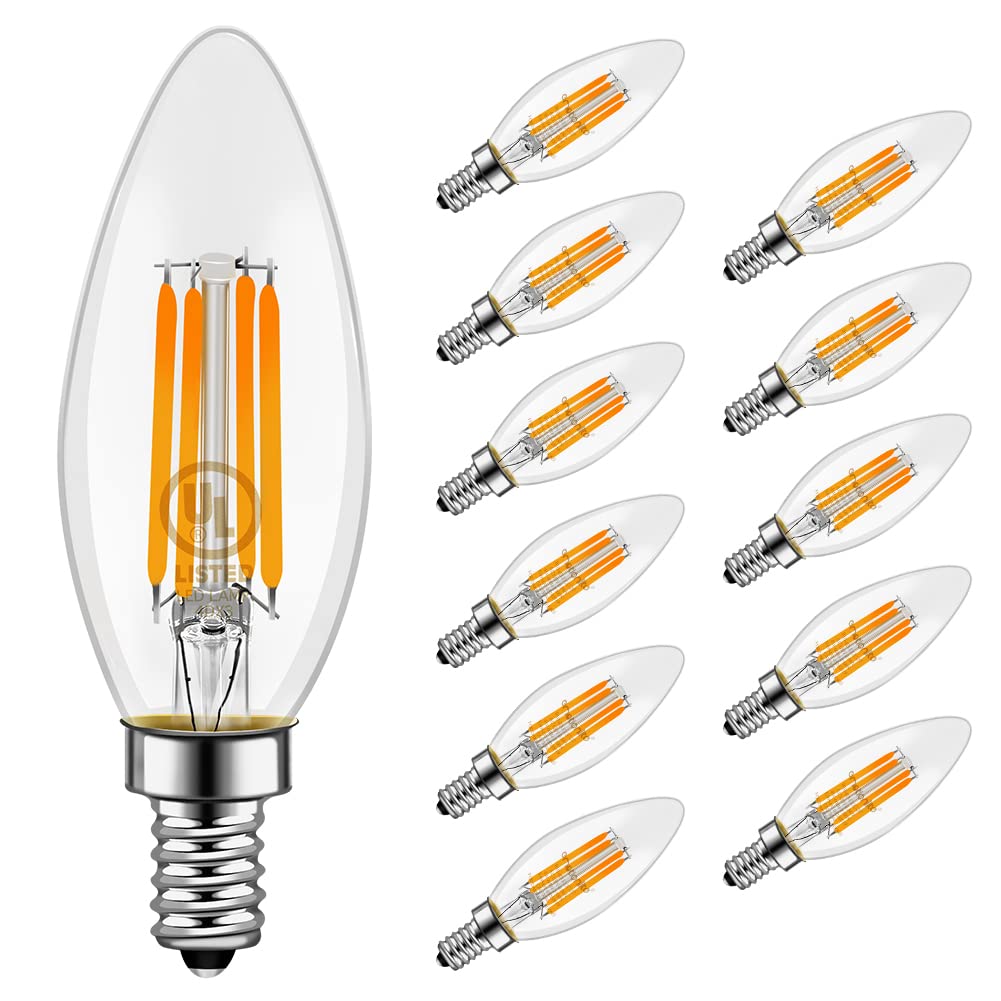 Emotionlite LED Light Bulbs, Dimmable Candelabra Bulbs, E12 Base, Warm White, Chandelier Light, Ceiling Fan Bulb, 40W Equivalent, 4W, 2700K, 350LM, UL Listed, 12 Pack