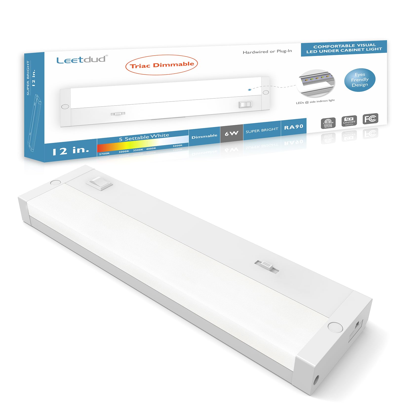 Leetdud LED Under Cabinet Lighting Hardwired or Plug in, 12 Inch 6W, Dimmable 5 Color 2700K/3000K/3500K/4000K/5000K, Linkable Ey