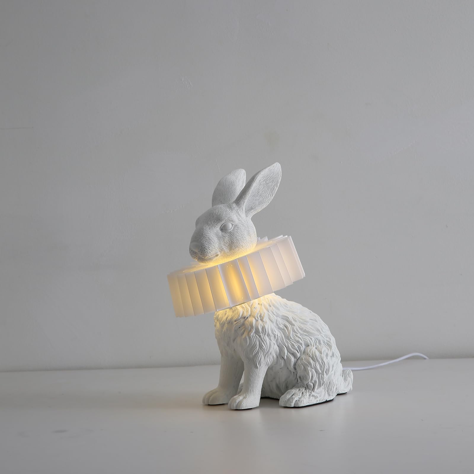 Lazhug White Scarf Rabbit Table Lamp,Resin Crafted Bunny Lamp Featuring White Pleated Pc Lampshade,Usb Plug,Low Voltage Energy-E