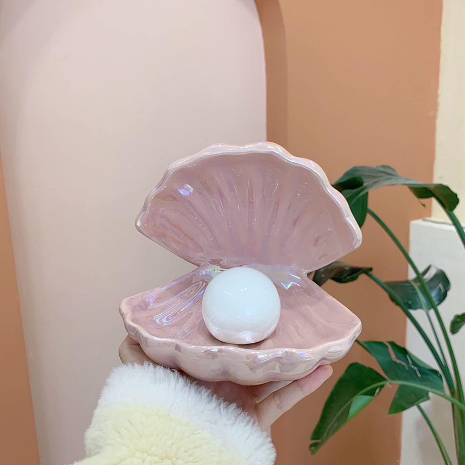 BinaryABC Ceramic Shell Pearl LED Night Light, Portable Tabletop Lamp, Christmas Gift, Pink