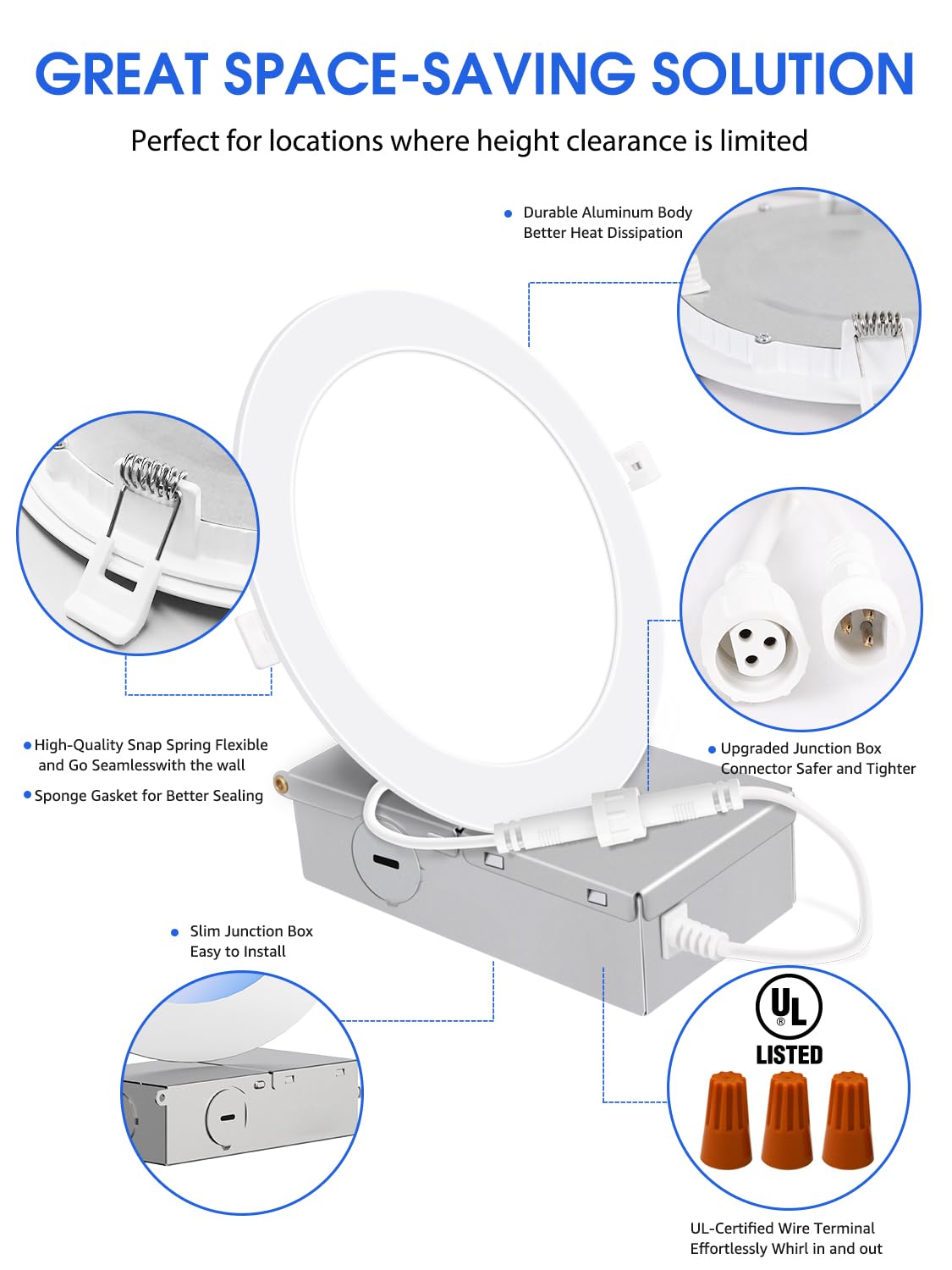 6 Inch Ultra-Thin Led Recessed Lighting With Junction Box, 5000K Daylight Canless Wafer Downlight, 12W=110W Eqv, Dimmable Led Ceiling Lights, 900Lm, Etl Certified, 6 Pack