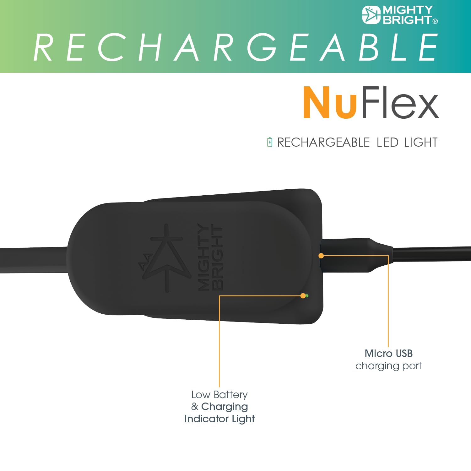 Mighty Bright NuFlex Rechargeable Book Light - 35 Lumens, 3 Brightness Levels, Flexible Neck, Black, Model 47810