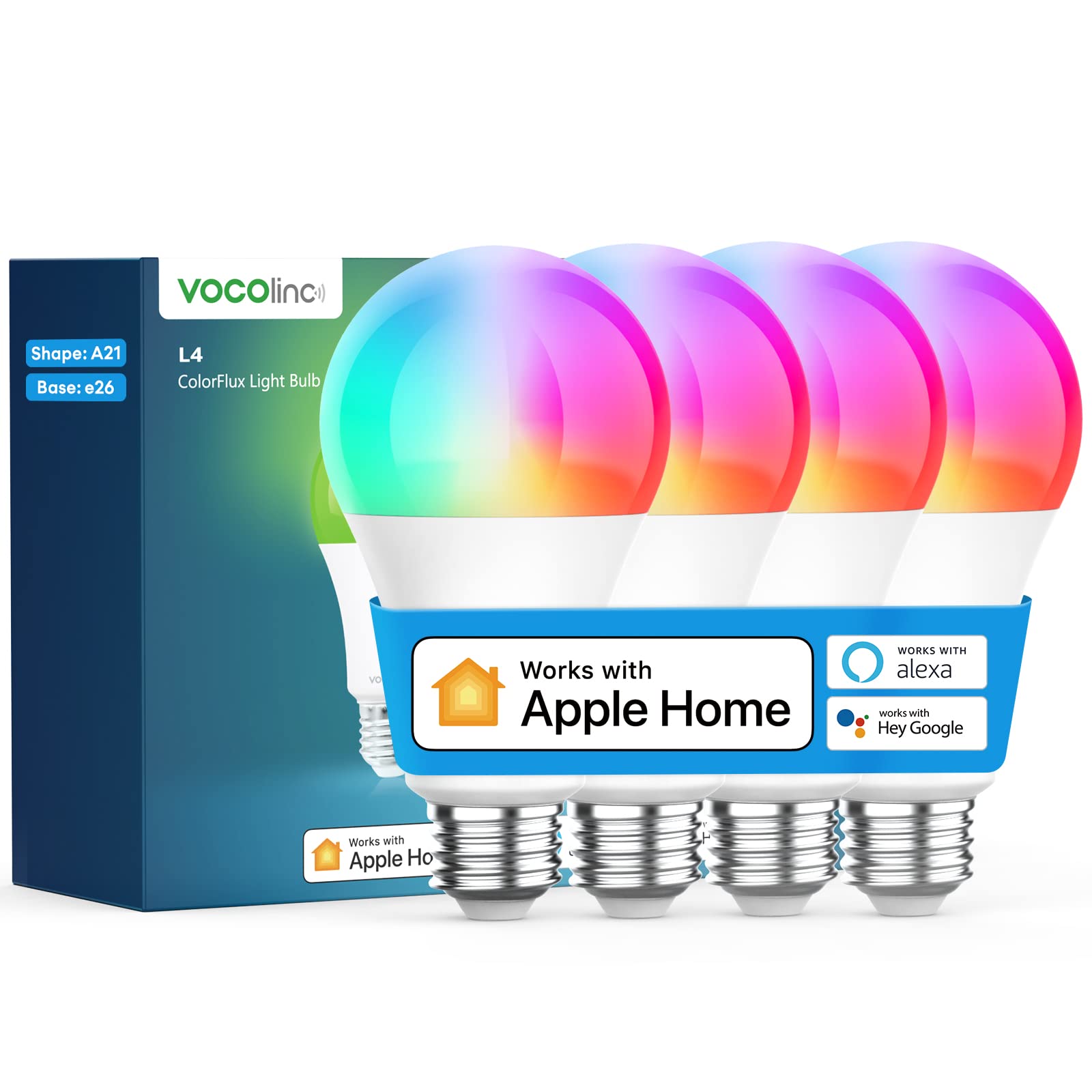 VOCOlinc Smart Light Bulb, WiFi LED, 850 Lumens, Dimmable, Multicolor, A21, 9.5W, 4 Pack