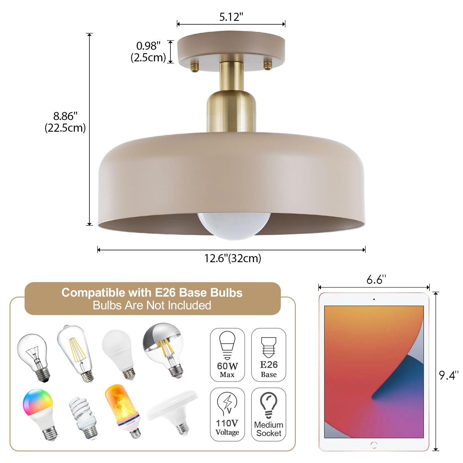 Bisamiya Contemporary Semi Flush Mount Ceiling Light Fixture, Brass Accent Ceiling Light With 12.6" Brown Metal Shade, For Kitchen, Entryway, Hallway, Dining Room, Cafe