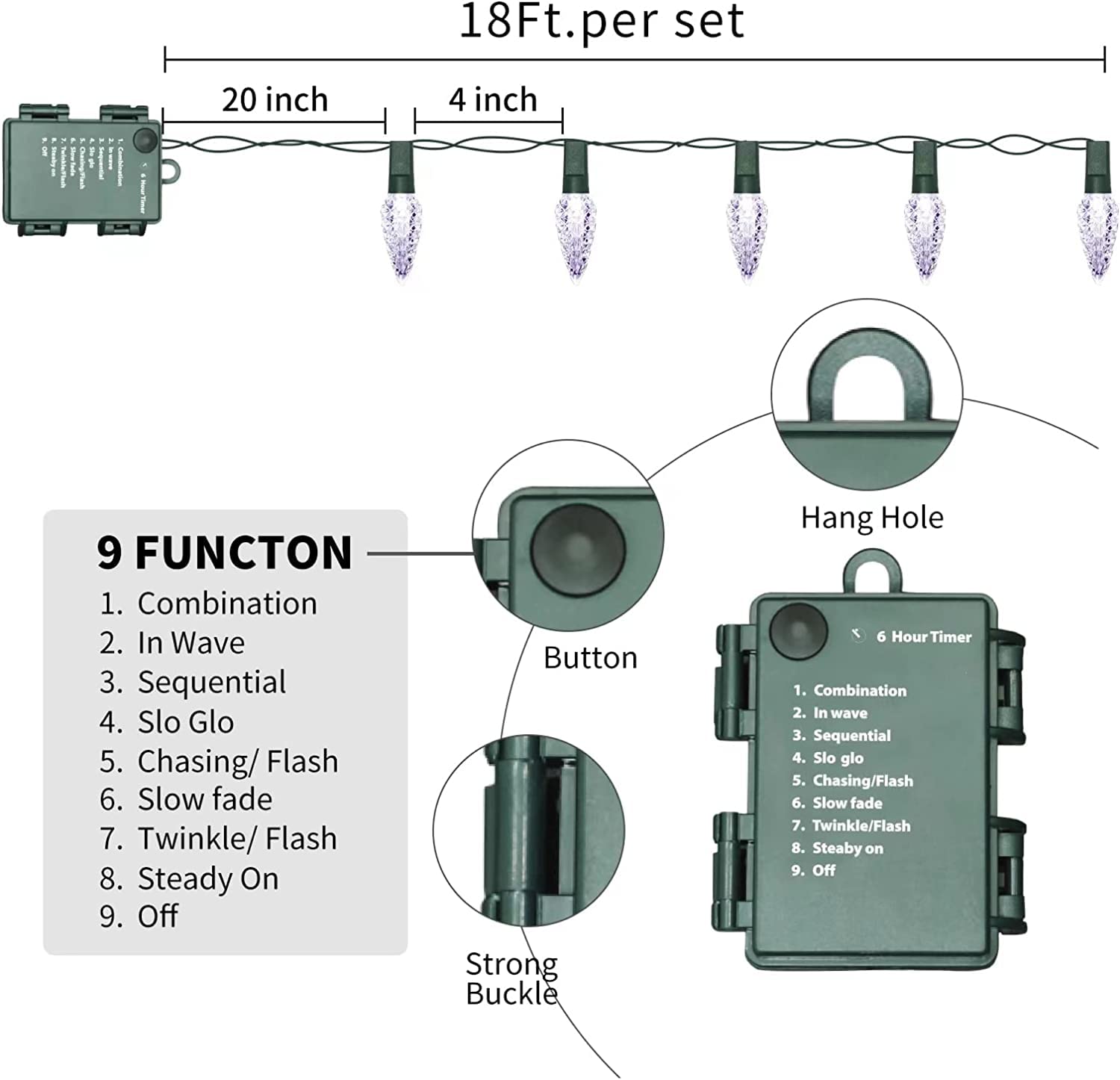 LAMPHOME C6 Battery Operated Christmas Lights, 50 LED, 17FT, 8 Modes, Warm White, 2 Pack
