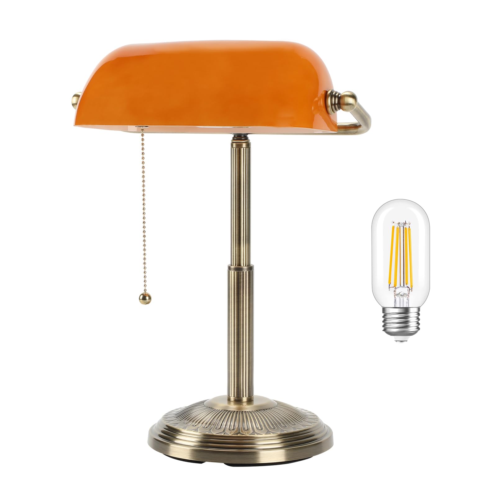 Linnmon Bankers Desk Lamp, Amber Retro Lamp, Vintage Lamp With Pull Chain Switch For Home Office, Led Bulb Included (Brass+Amber