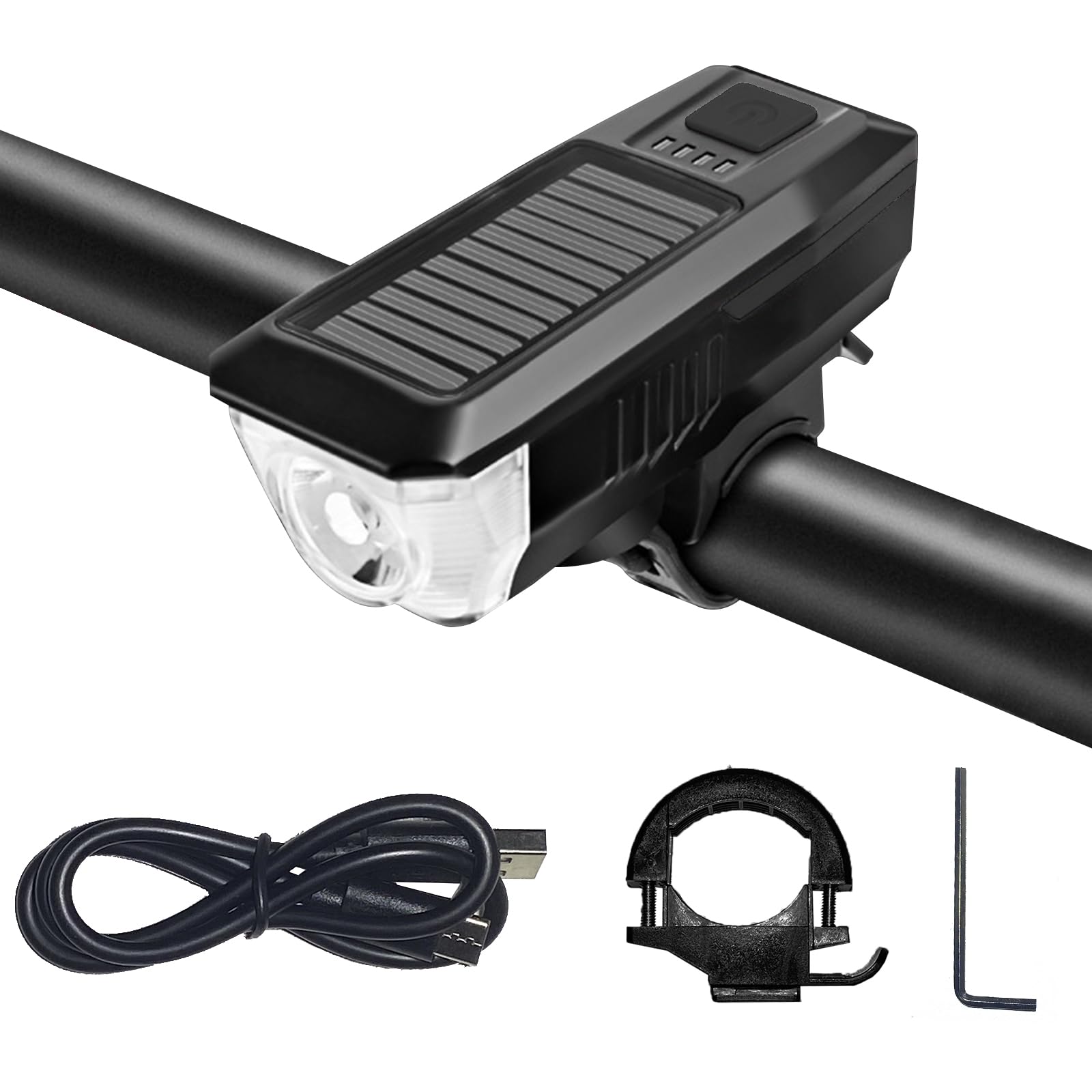 Ultra Bright Bike Light, IPX4 Water Resistant Bicycle Headlight, USB Rechargeable, 3 Light Modes, Solar Powered LED Bicycle Ligh