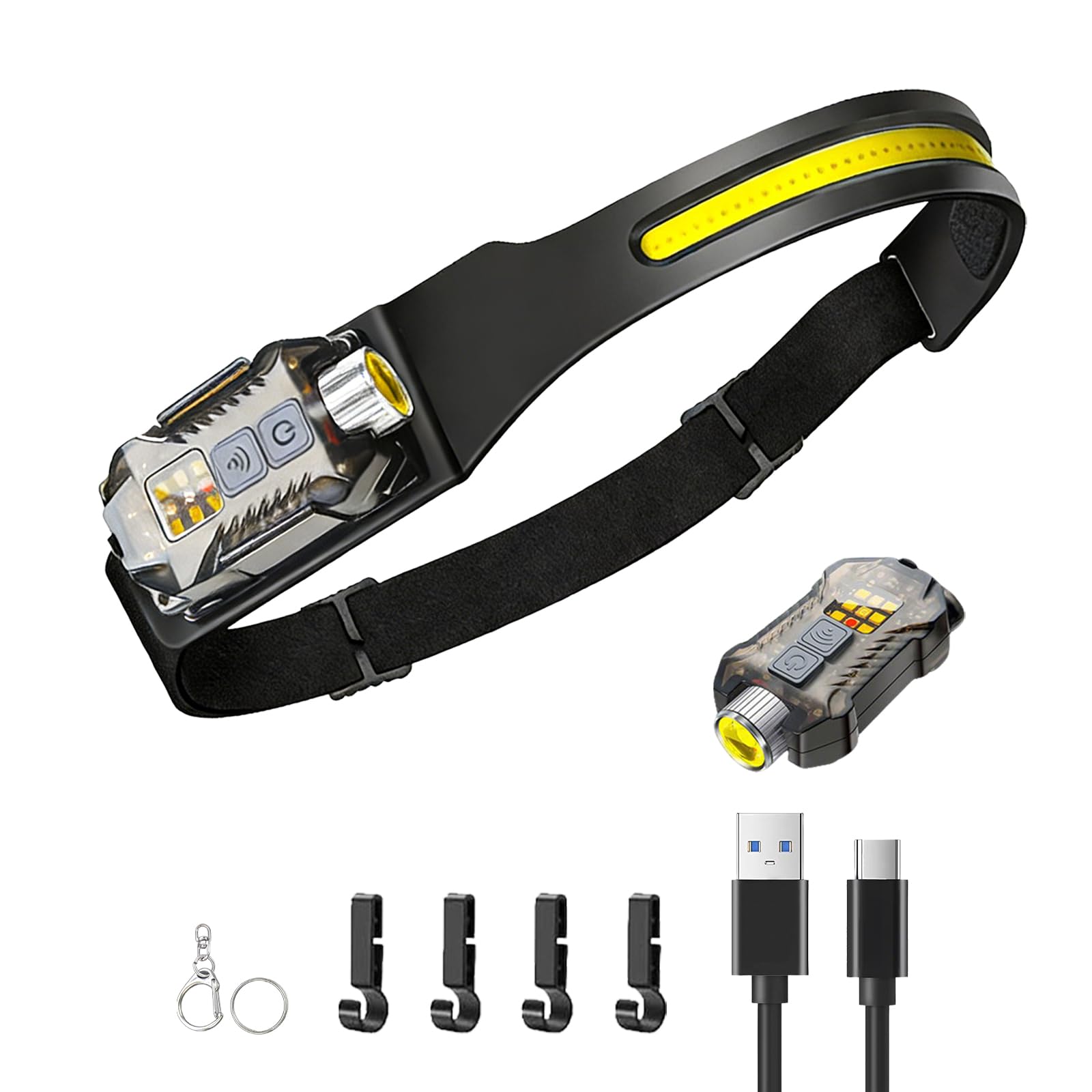 Headlamp Rechargeable LED Head Lamp with Motion Sensor, 2 in 1 Detachable 230 Wide Beam Headlight for Forehead, Hard Hat Headlam