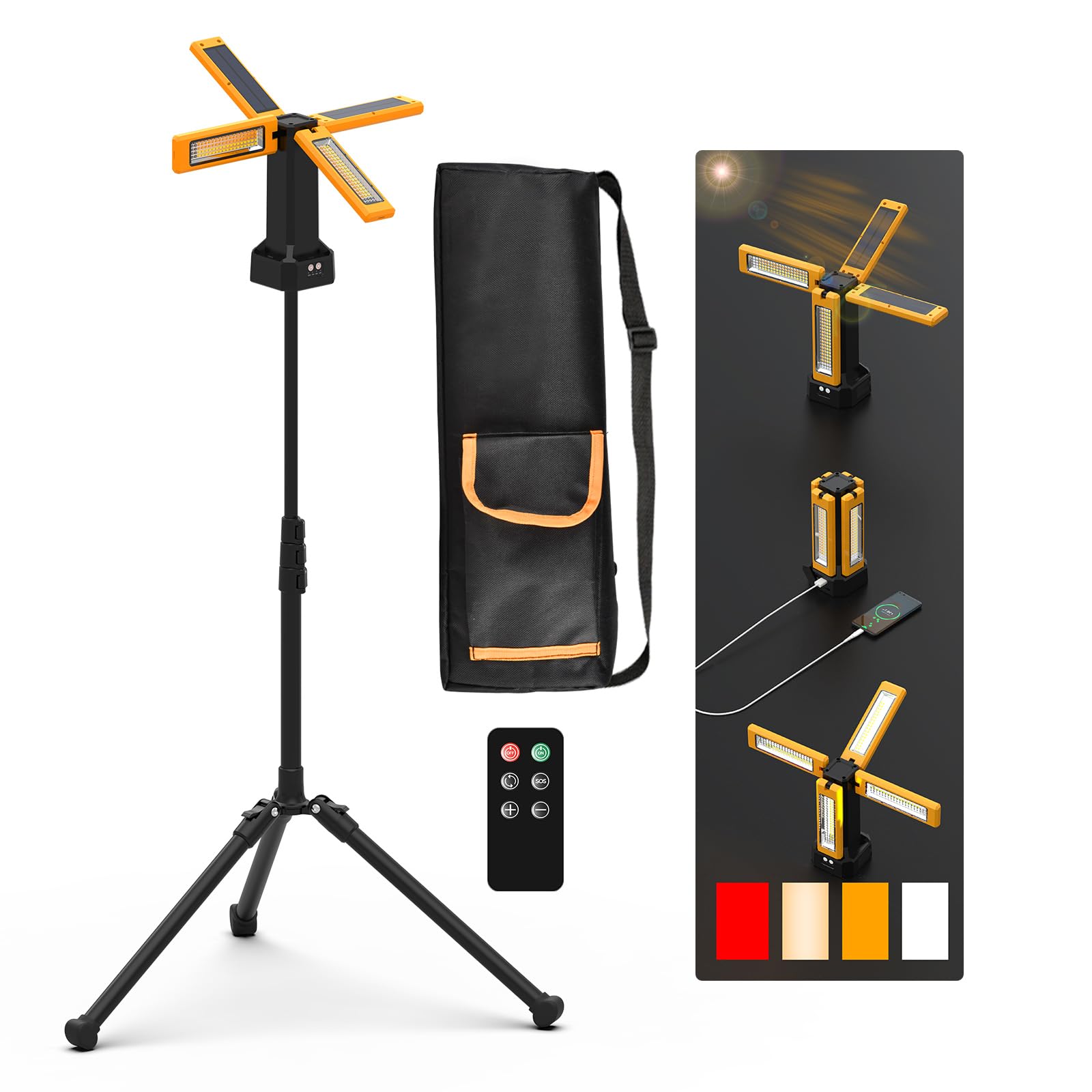 Iodoo 13200Mah Rechargeable Solar Work Light With Folding Stand Support And Portable Carrying Bag, 8000 Lumen Stepless Dimmable, 4 Lighting Modes, White/Warm/Warm White (Remote)
