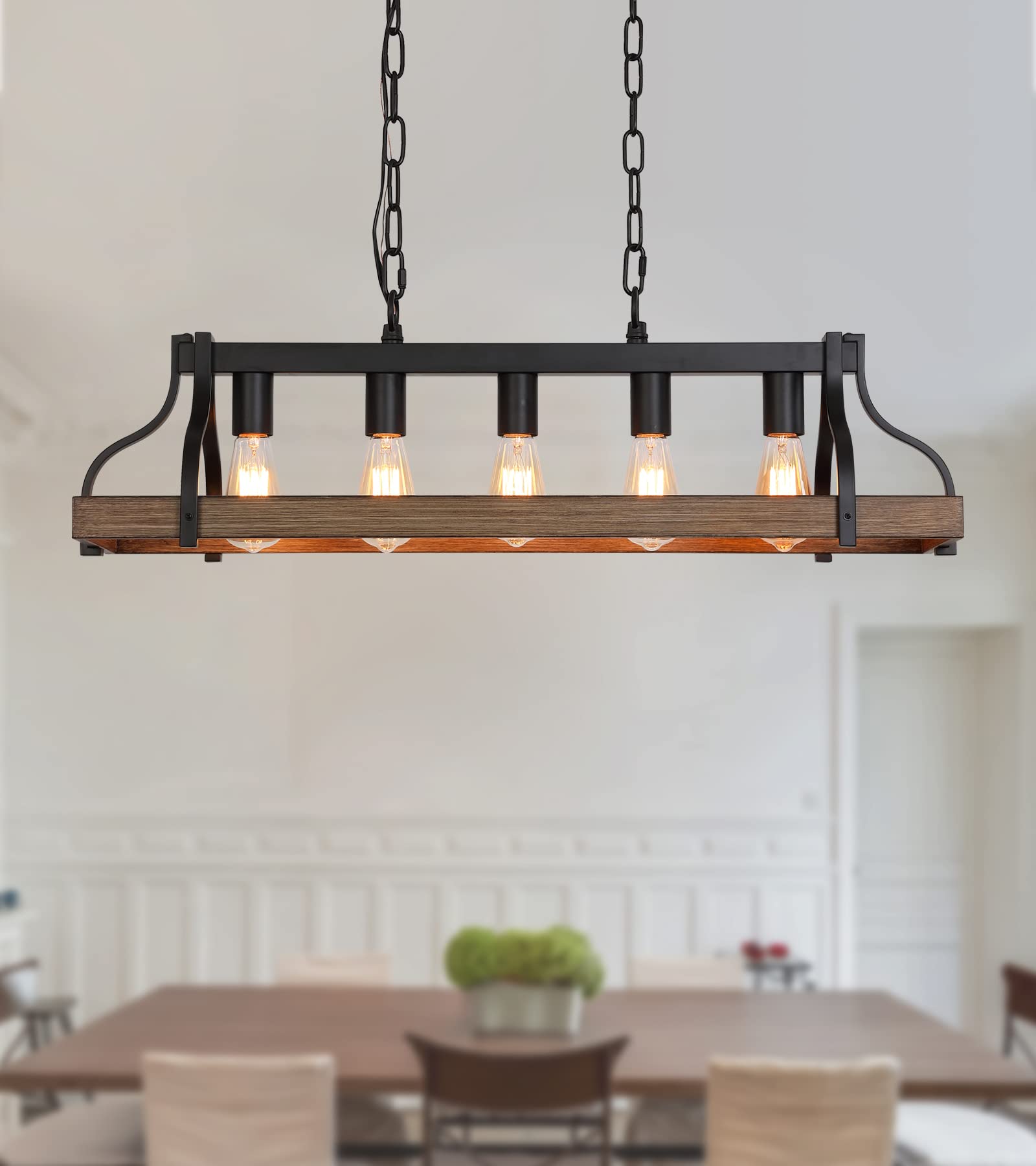 Meixisue Rustic Kitchen Island Dining Room Light Fixture Farmhouse Linear Chandelier Black And Retro Wood Finish 5-Light Industrial Metal Hanging Pendant Light Ul Listed L33.5 W10.6
