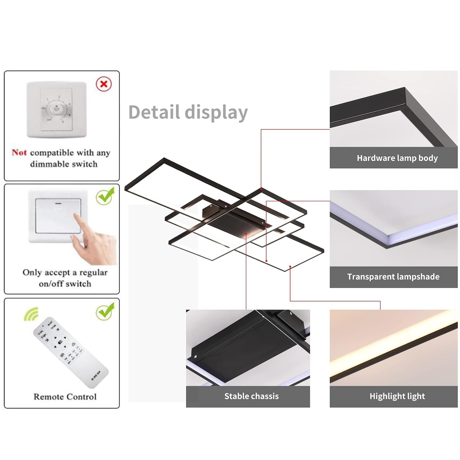 Geadi Modern Led Ceiling Lights, Black Dimmable Rectangular Chandelier 68W Flush Mount Ceiling Lamp With Remote 3 Squares Ceilin