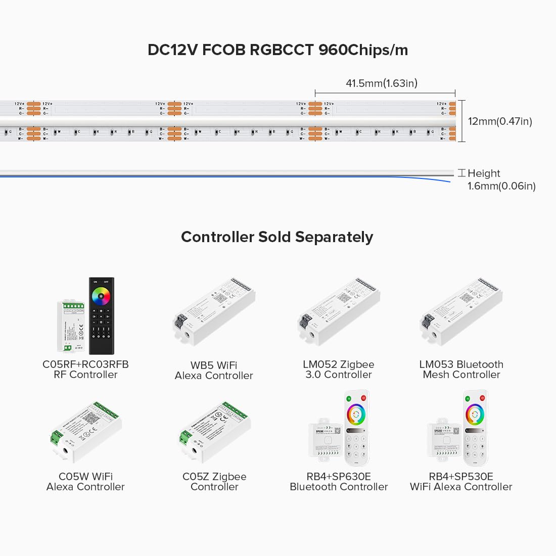 Btf-Lighting Fcob Cob Led Strip Rgbcct Color Changing 16.4Ft 960Led/M Dc12V Flexible High Density Light Rgb+Cct Tunable 3000K-60