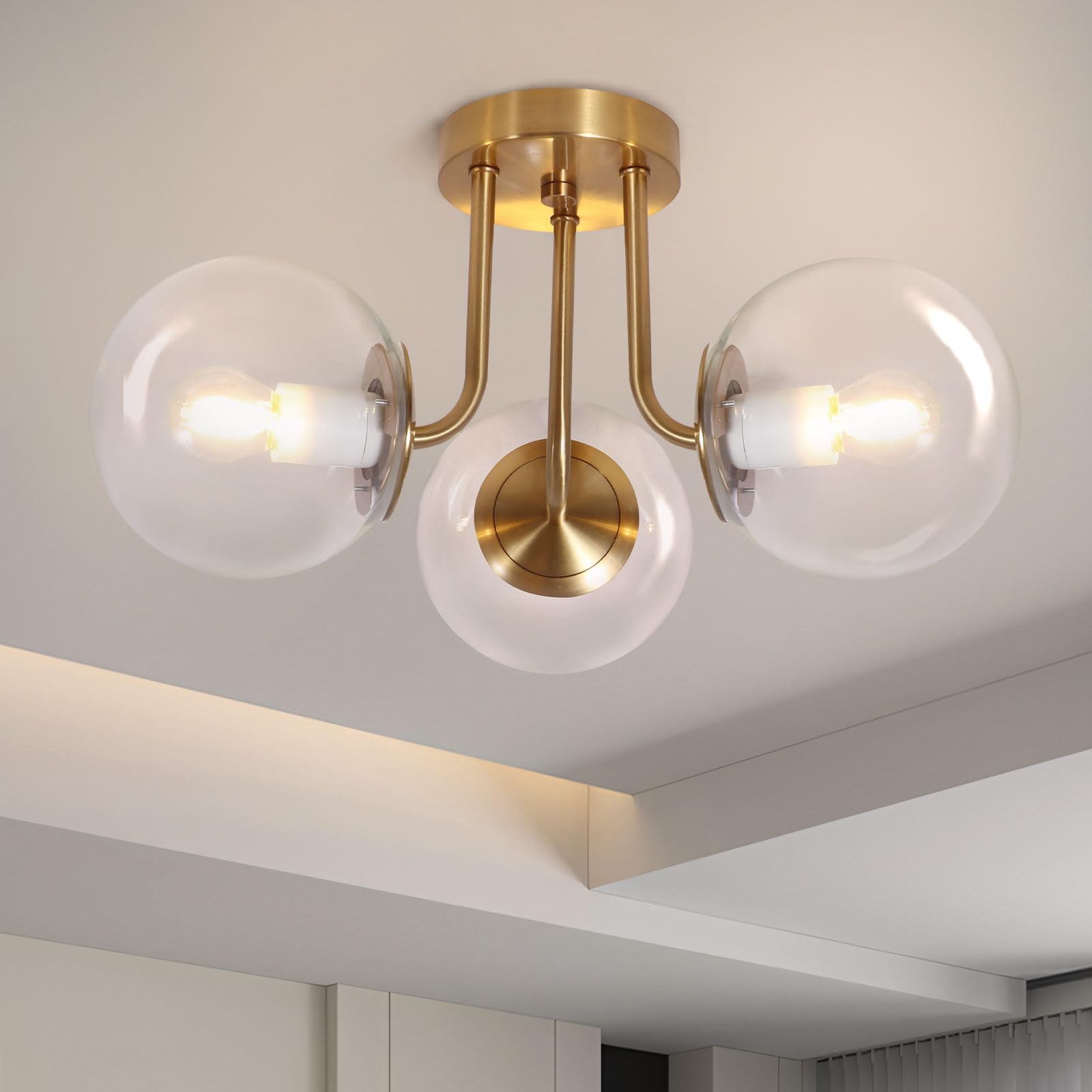 Bektas 3-Lights Semi Flush Mount Ceiling Light Fixture Brushed Gold Light Fixture Bend Modeling With Transparent Glass Shade For