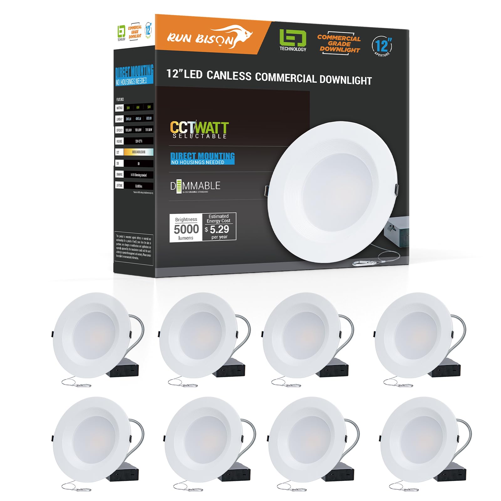 Run Bison 12 Inch Recessed LED Commercial Downlight with J-Box, Wattage Adjustable 30/40/50W,3 Color Selectable 3000K-5000K, 120