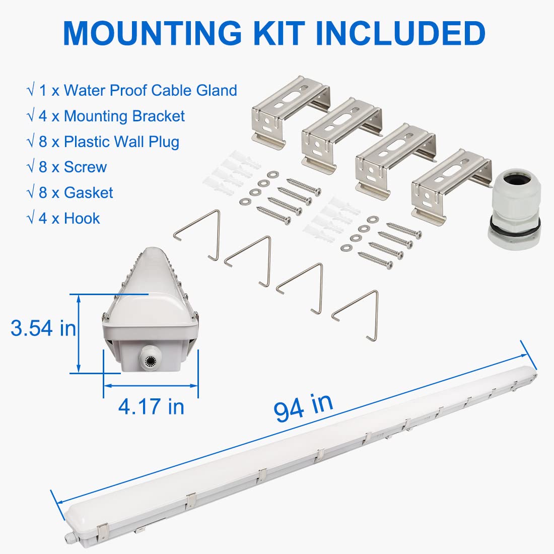 Dakason 8Ft Led Vapor Tight Light 120-100-80W Tunable, 15600Lm Led Vapor Proof Lighting Fixture Ip66 100-277V, Led Outdoor Shop