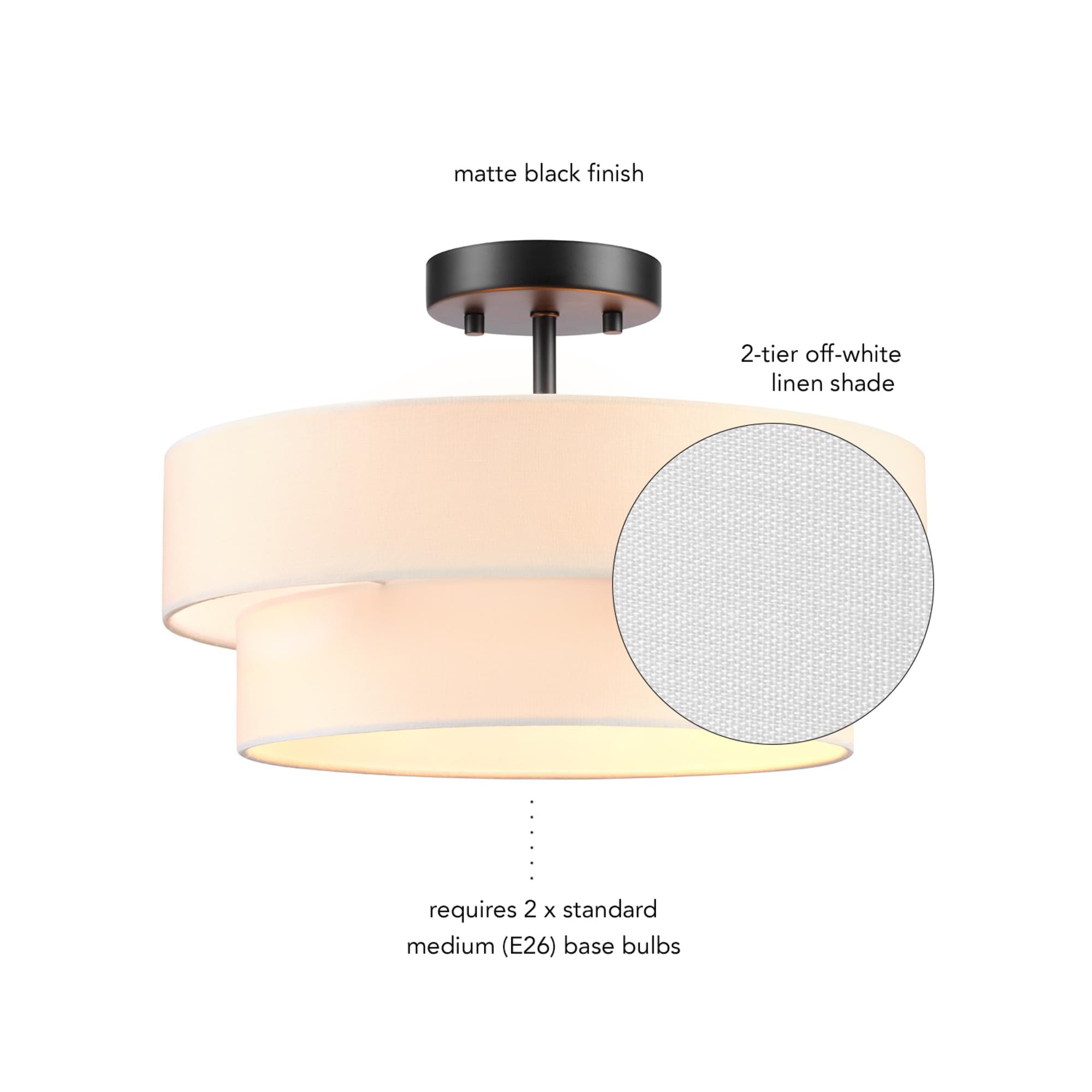 Globe Electric 66000138 2-Light Semi-Flush Mount Ceiling Light, Matte Black, 2-Tier, White Linen Shade, Home Improvement, Dining