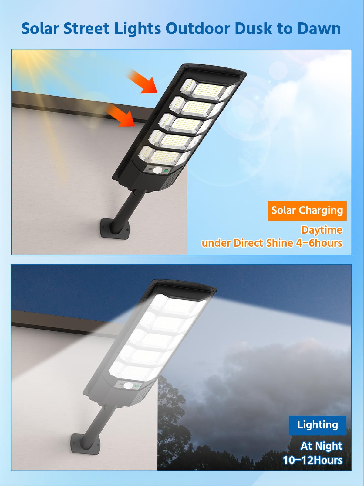 Ehowdin Solar Street Lights 6500K, 240PCS LEDs, IP67 Waterproof, Motion Sensor, Black, Model: Street-light01, 2-Pack