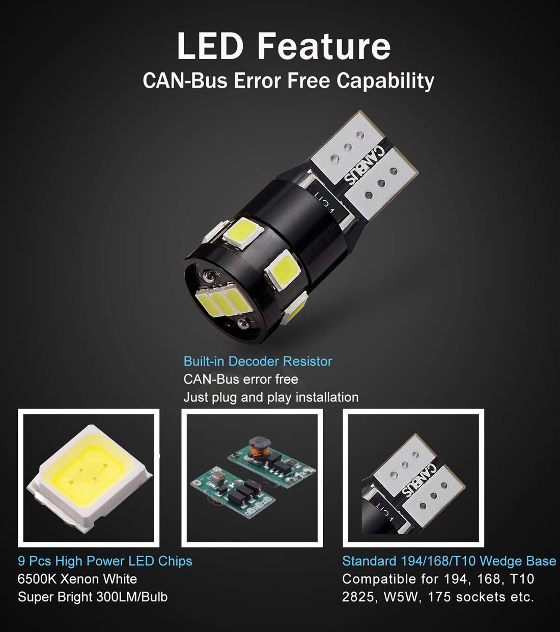 BRISHINE 194 LED Bulbs 300LM 6000K Xenon White 9-SMD 2835 Model BRI-194W-4P Pack of 4